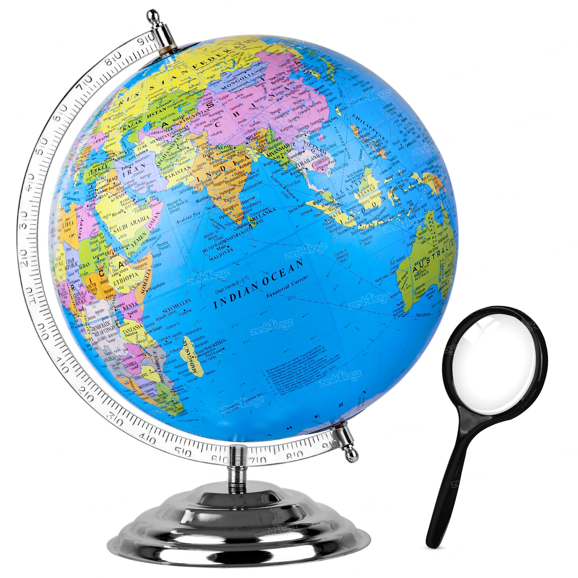 Zest 4 Toyz Educational Globe - 12 Inch Height Metal Base World Globe for Kids STEM STEAM Educational Globes with Magnifying Glass - Ball Diameter 8Inch, Height 12 Inches (Pack of 1)