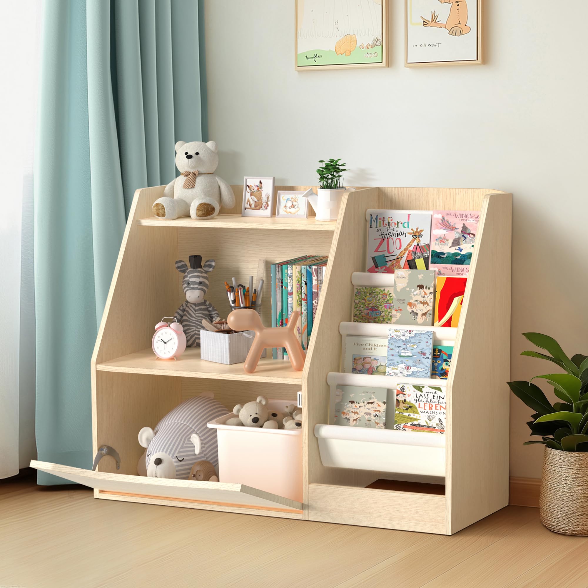 TOETOL 2 Tier Kids Bookshelf and Book Storage?4 Sling Toddler Bookshelf, Storage Boxes Book Shelf & Organizer for Nursery Playroom Classroom Library Bedroom Natural Wood