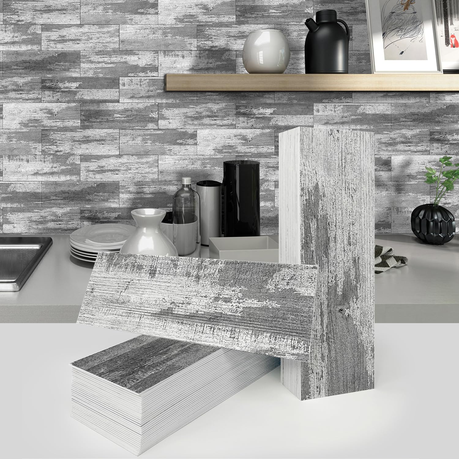 12 Sheets Tile Stickers for Kitchen, Peel and Stick Wall Tile Backsplash for Bathroom Retro Self Adhesive Waterproof Subway Tiles Rustic Wood Look Stick on Tiles Flooring Tiles DIY-10x30cm