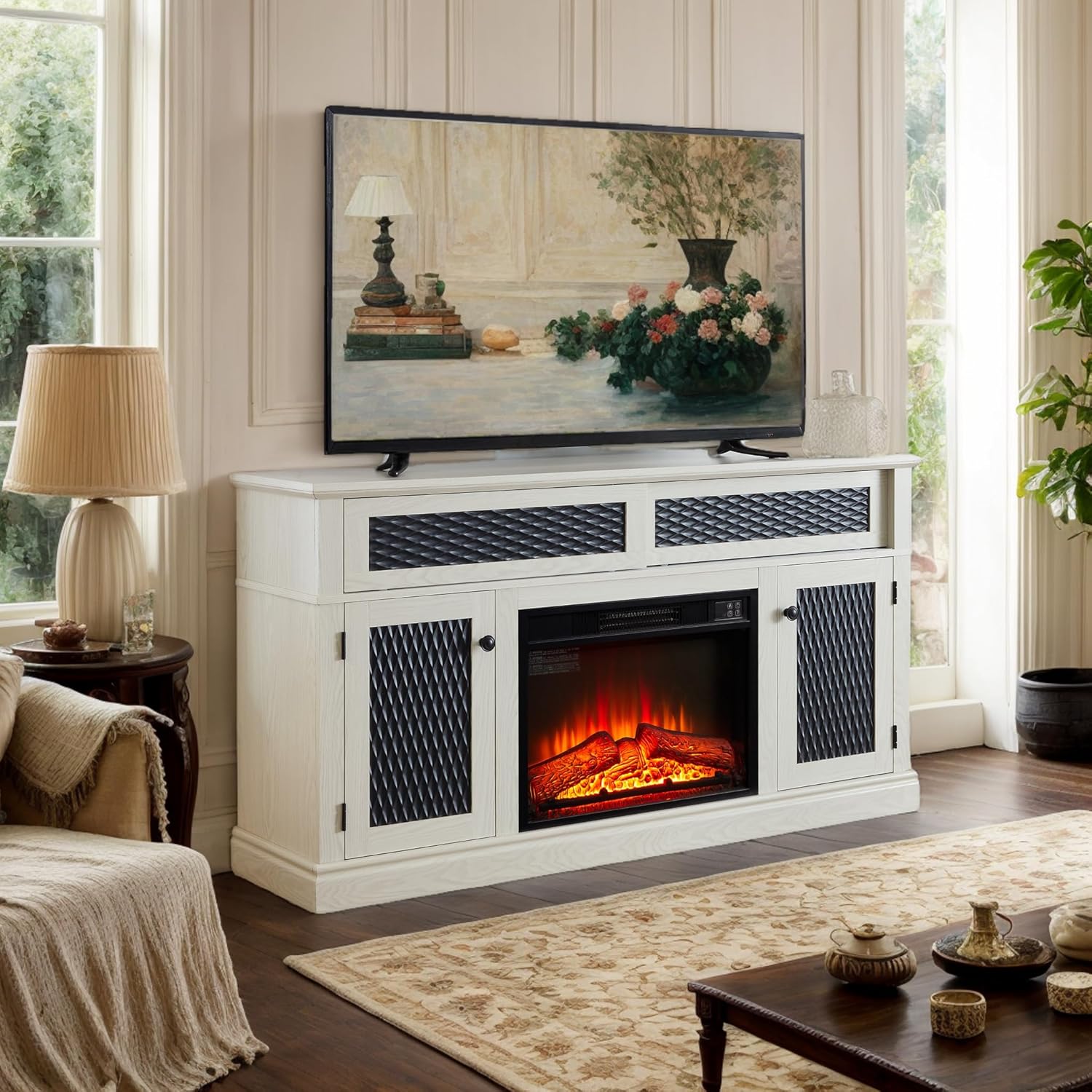 58.5" W Entertainment Center with Fireplace, Embossed TV Stand with Ample Storage for TVs up to 60 Inches, Wooden TV Console Table for Living Room (White - Embossed Fireplace) (White)