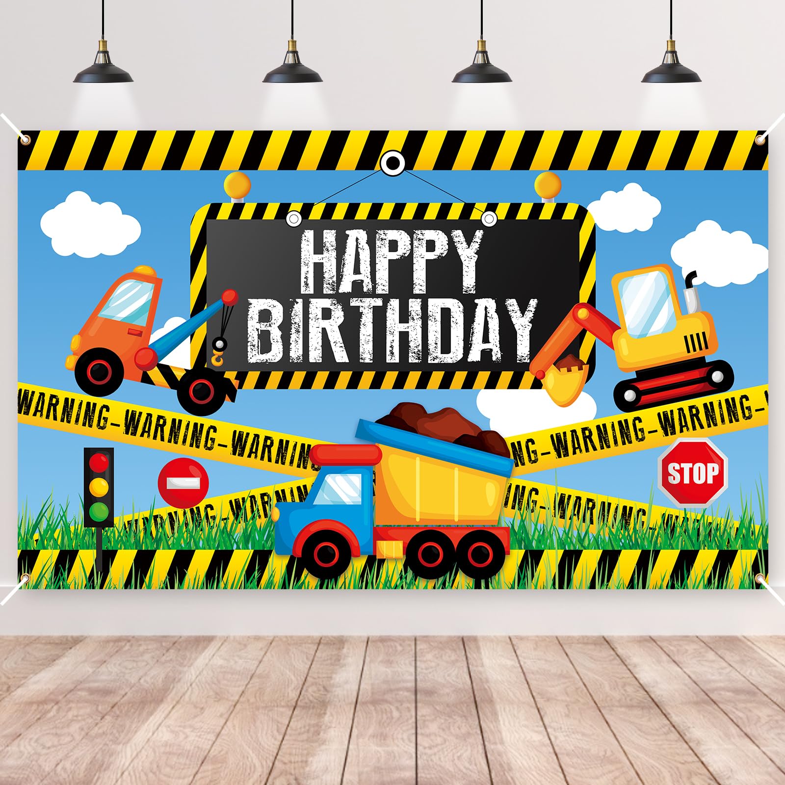 Xinvery Construction Birthday Backdrop - Vehicle Banner, Truck Photography Background, Happy Birthday Party Decorations for Kids - 180x110cm