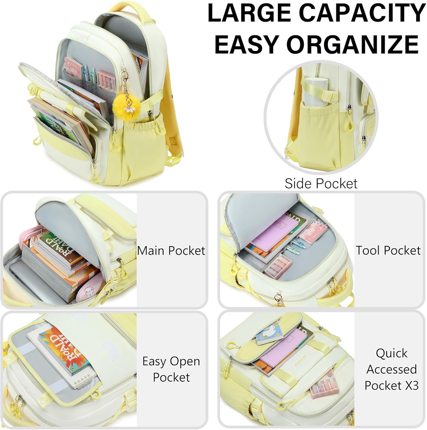 School Backpack for Girls, Laptop Backpack 15.6 Inch Kids Elementary Middle High School Bag Anti Theft Cute College Bookbags for Teens Girls Women Students Casual Travel Daypack,Yellow Beige