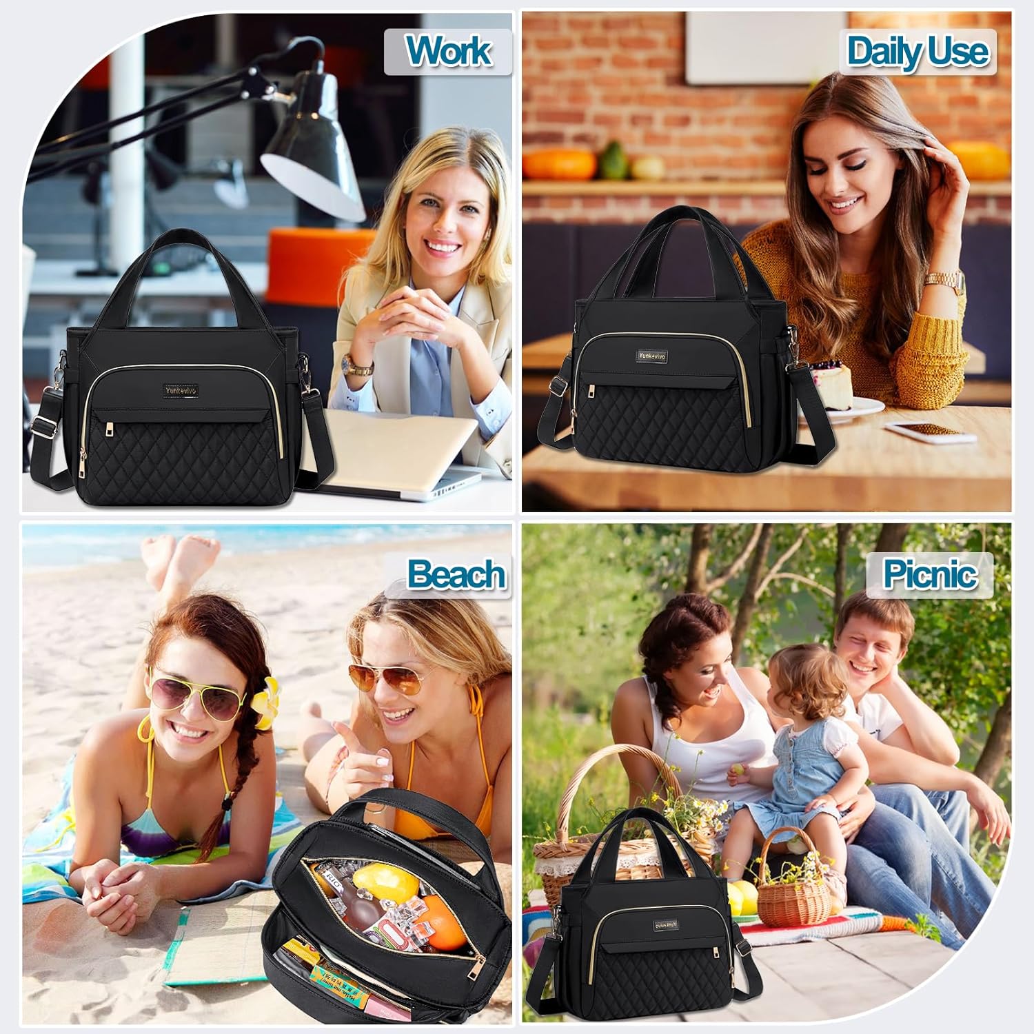 Lunch Bag Lunch Box Women - Insulated Lunch Tote Bag for Women Men, Leakproof Large Womens Lunch Bags for Work, Lunch Cooler Bag for Adult with Side Pocket for Picnic, Hiking, Beach (Black) - Image 6