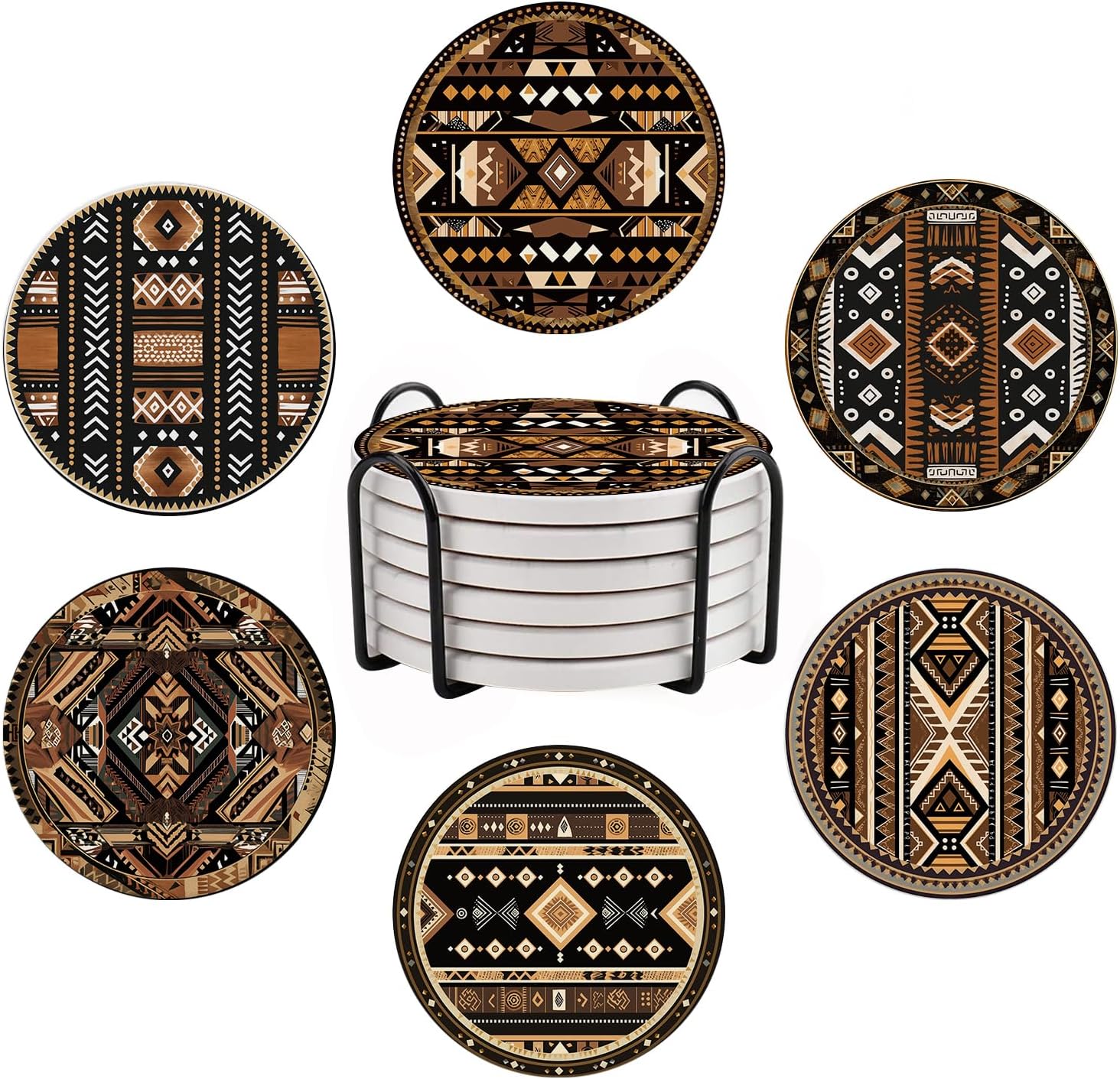 Drink Coasters Set of 6, Western Ceramic Stone Coasters, Western Home Decor, with Cork Base and Metal Holder, Absorbent Round Non-Slip Drink Coffee Bar Decor Mug Cup Coaster