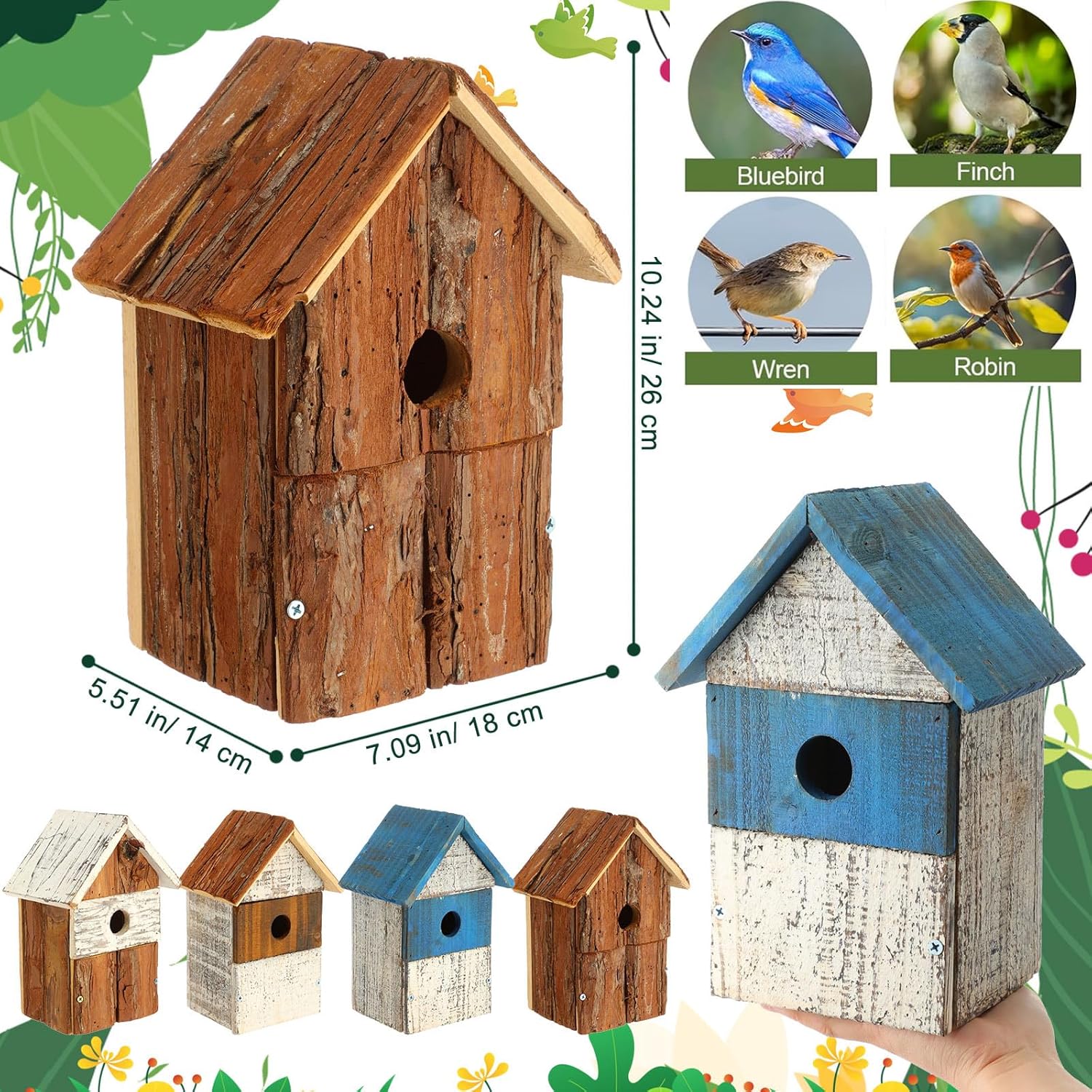 Doublefil 4 Pack Wood Birdhouse for Outside Bluebird Houses Outdoor Spring Summer Rustic Bird House for Bluebirds, Wrens, Finches, Hummingbird