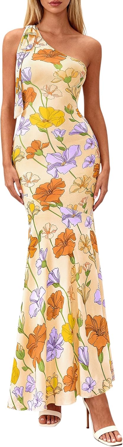 PRETTYGARDEN Womens Summer One Shoulder Maxi Dress 2026 Floral Sleeveless Bodycon Mesh Long Beach Vacation Sun Dresses