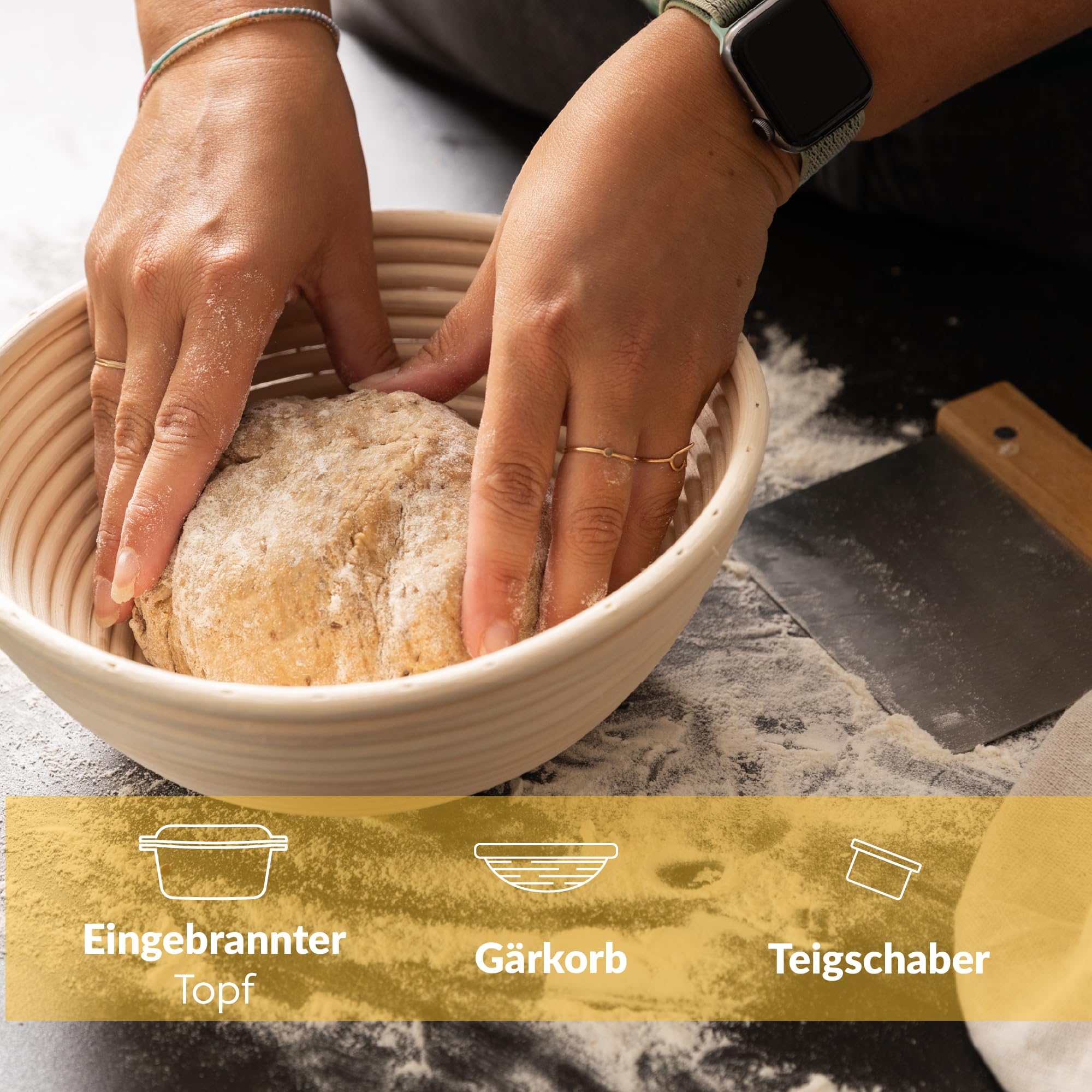 Chefarone Gusseisen Topf 26 cm 4,6 l mit Gärkorb und Teigschaber – Brotbacktopf mit Deckel, Induktion & Backofen geeignet – Vielseitiger Bräter zum Backen, Schmoren, Braten, Kochen