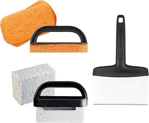 Blackstone 5060 Grill & Griddle Kit 8 Pieces Premium Flat Top Grill Accessories Cleaner Tool Set-1 Stainless Steel 6" Scraper, 3 Scouring Pads, 2 Cleaning Bricks, and 1 Handle, Black