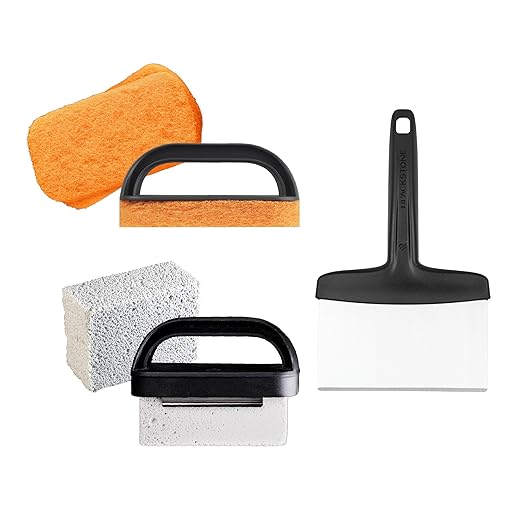 Blackstone 5060 Grill & Griddle Kit 8 Pieces Premium Flat Top Grill Accessories Cleaner Tool Set-1 Stainless Steel 6" Scraper, 3 Scouring Pads, 2 Cleaning Bricks, and 1 Handle, Black
