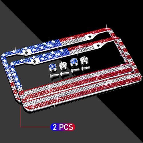 Miniatura 5 de Marcos de matrícula con bandera de Estados Unidos, paquete de 2 marcos de matrícula con diamantes de imitación deslumbrantes para patriota, marcos