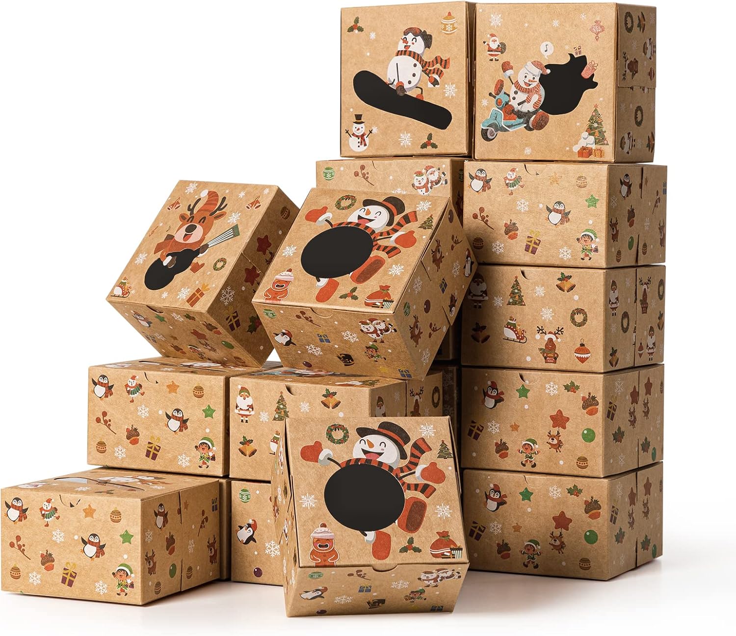 Sunolga 20pcs Cookie Boxes with Window,4x4x2.5 inch Christmas Cupcake Boxes Set, Square Food Grade Kraft Paper Cake Box, Hollow Cookie Box Cardboard Bakery Suitable for Cookie,Pastries,Bread