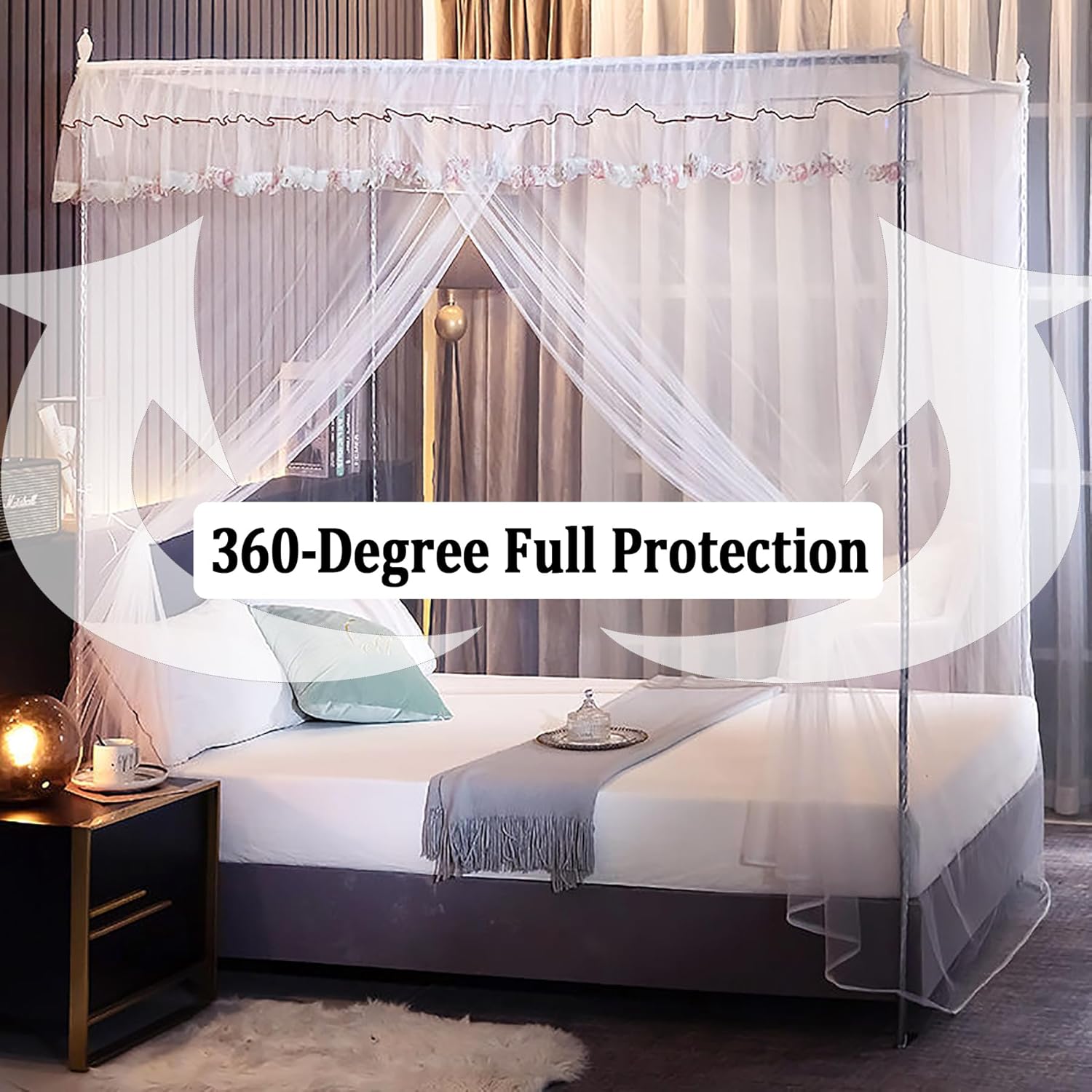 ステンレス鋼天蓋ベッドフレームポスト 4 コーナー天蓋ベッドフレームポストポールカーテン蚊帳フレーム寝室の装飾,白,Queen