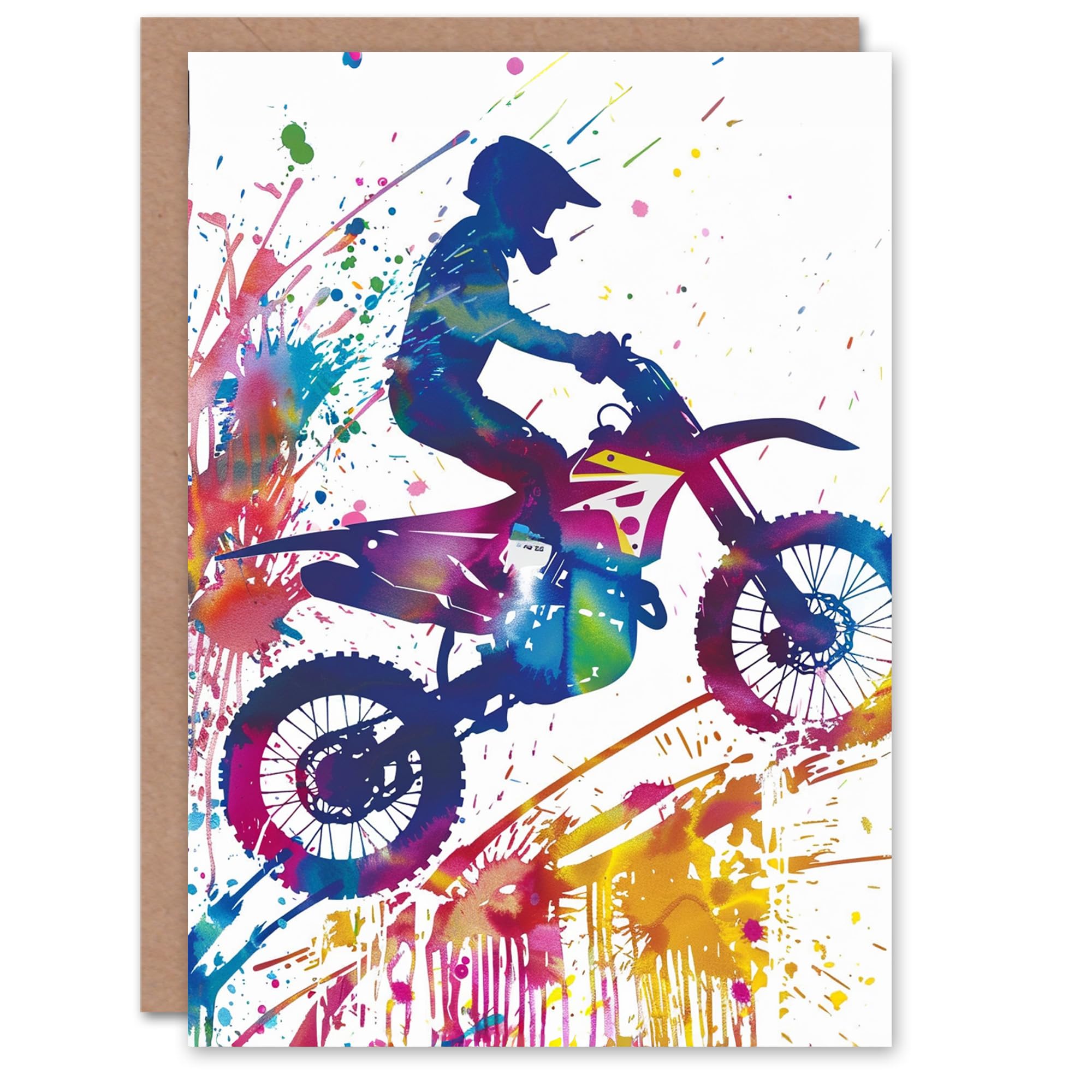 Artery8 Rainbow Paint Splat Dirtbike Sport Motorcycle For Him Man Birthday Card