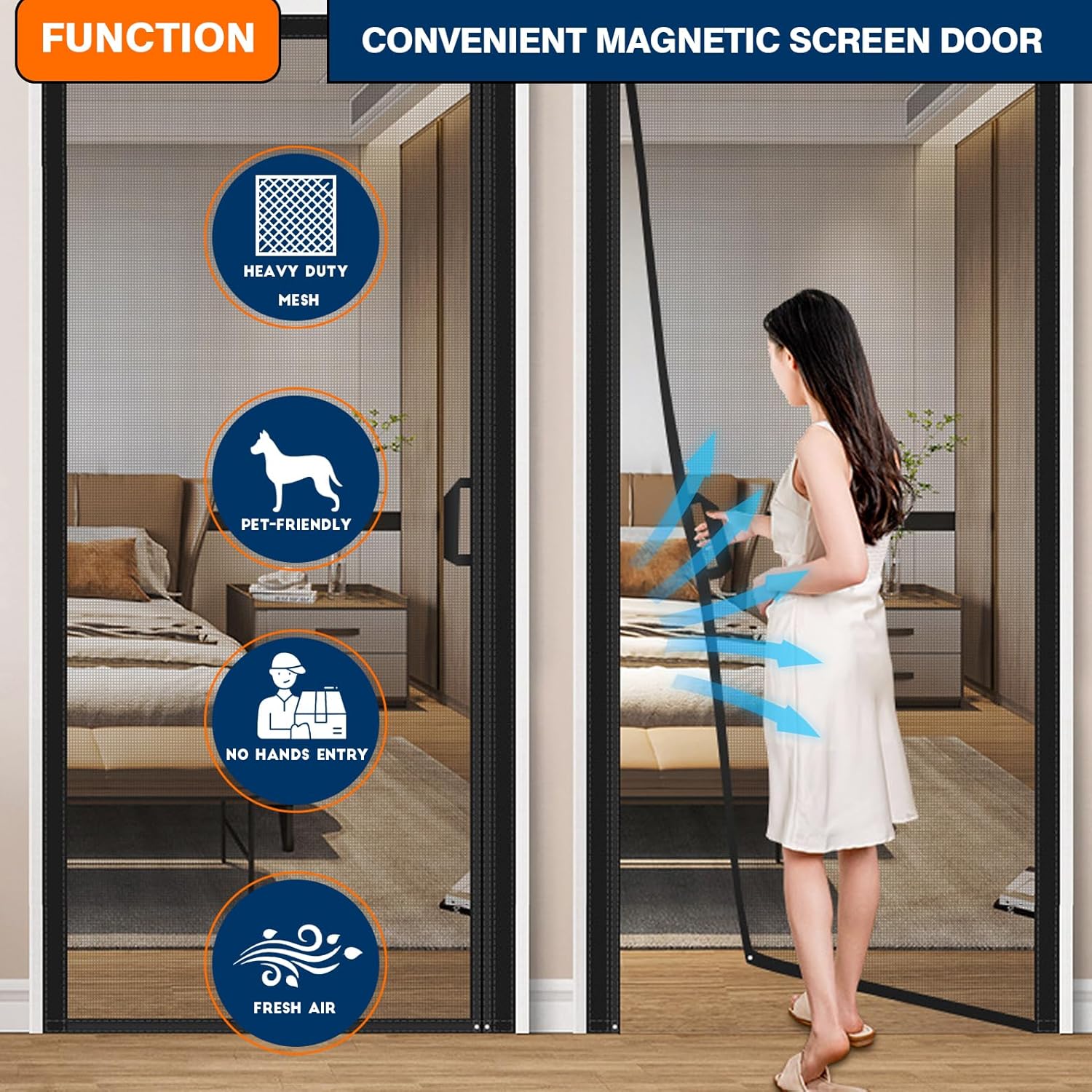 Magnetic Screen Door Reversible Left Right Side Opening Fiberglass Mesh Magnetic Closure for Front, Patio Sliding Door, White, 34 x 87 in
