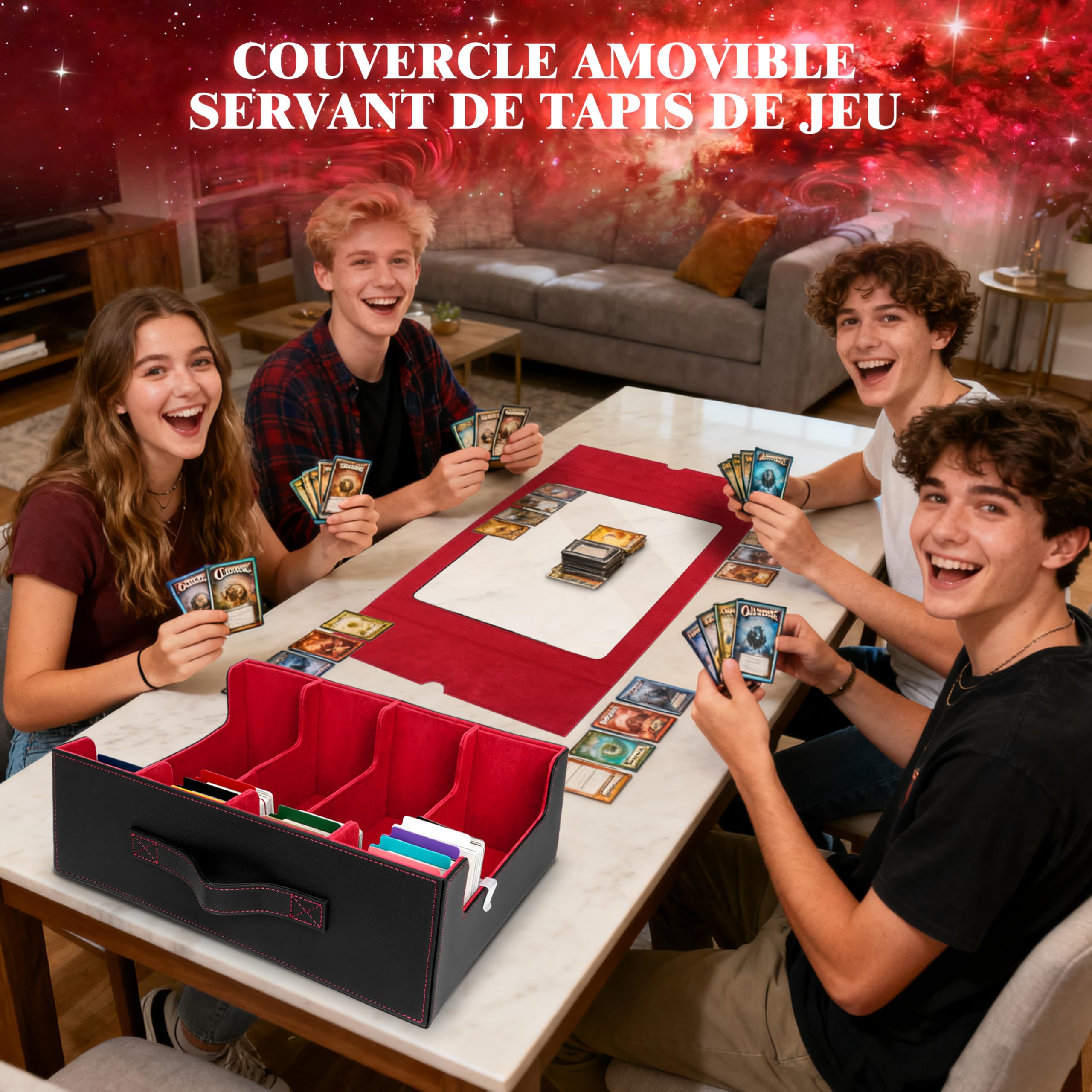 Charmofun Boîte Rangement Carte, Boîte à Cartes pour Plus de 2400+ Cartes Avec 10 Séparateurs, 4 Blocage et Plateau à Dés, Boîte à Rabat Magnétique Avec Cuir Pu et Poignée (Rouge, 2400+)