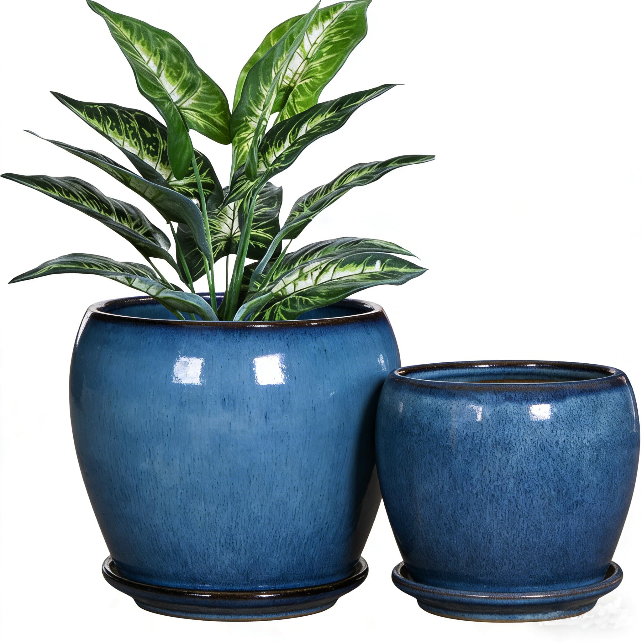 Photo 1 of GnFlus Blue Ceramic Planter Pots with Drainage Holes, 5 Inch + 4 Inch Set of 2, Flower Plants Pot with Saucers Tray Planter Garden Pot for Succulent Cactus Home Decoration Gift Indoor Outdoor