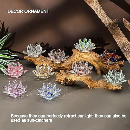 Miniatura 5 de Flor de loto de cristal brillante, 4 pulgadas, reflejo de tono de loto transparente para decoración del hogar Feng Shui, adornos de atrapasoles o