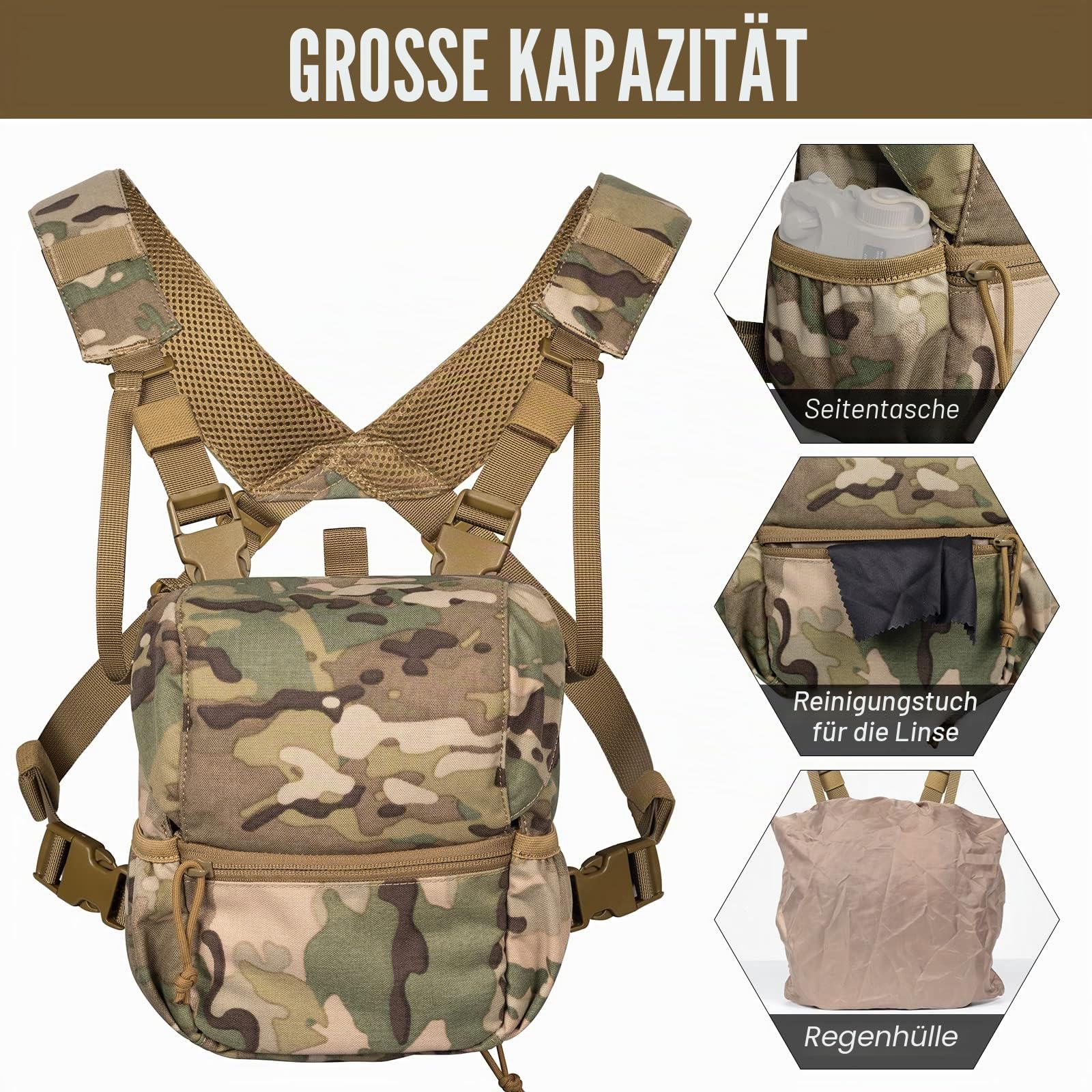 VISMIX Fernglasgeschirr, verstellbares Fernglasgeschirr, Brusttasche mit Regenschutz, für Jagd, Wandern, Schießen
