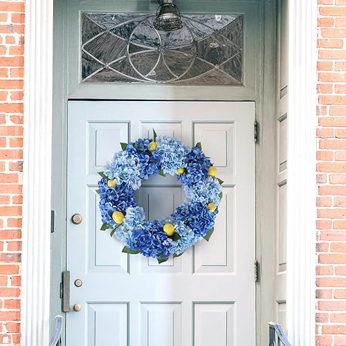 Miniatura 2 de Kmise Corona de primavera de verano para puerta delantera, corona de limón con hortensias azules grandes de 26 pulgadas para puerta, ventana,