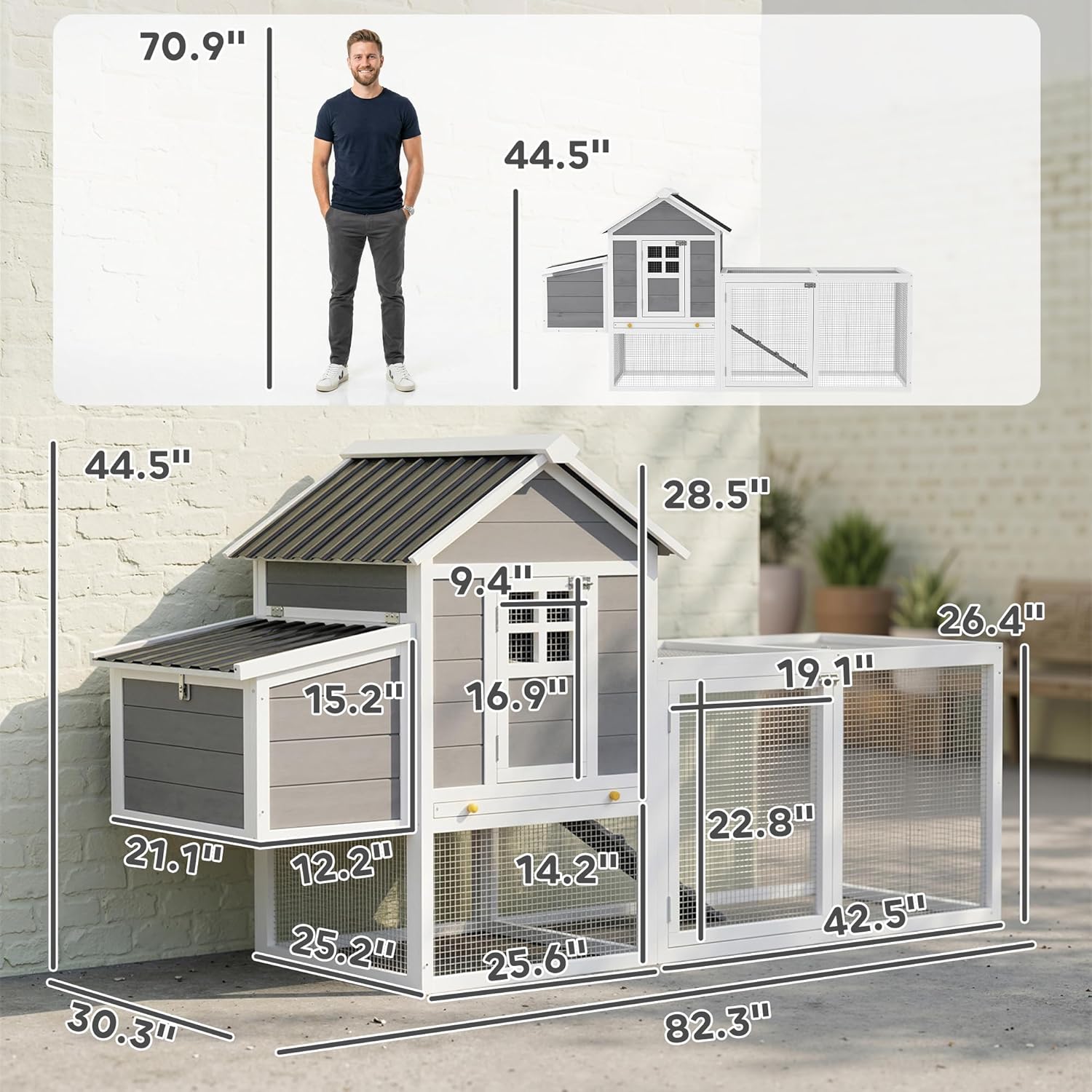 PawHut 82" Wooden Chicken Coop, Large Outdoor Hen House Poultry Hutch for 2-3 Hens, Chicken House with Nesting Box, Pull-on Tray, Waterproof Roof, Ramp and Roosting Bars for Backyard, Gray