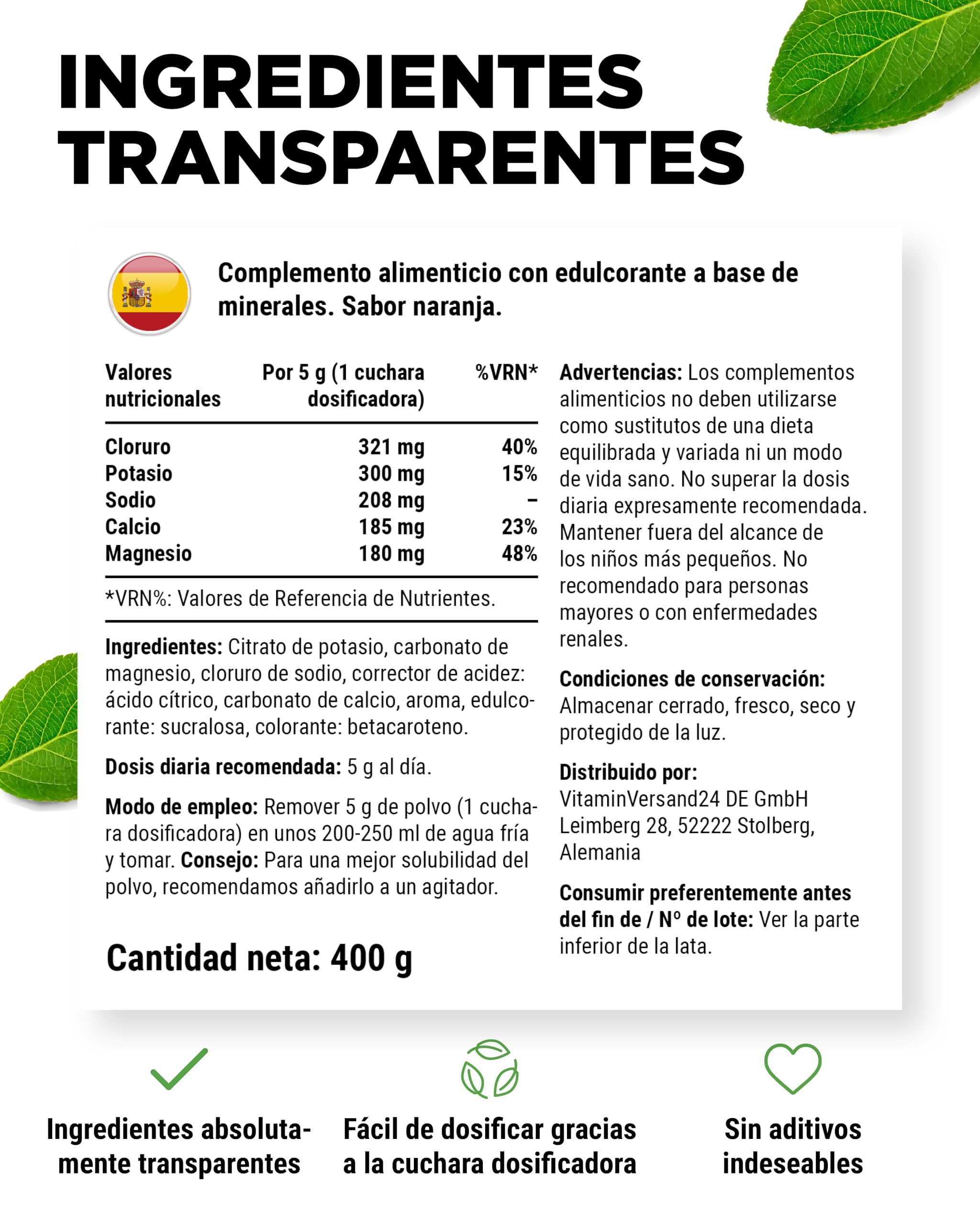 vit4ever Electrolitos - 400 g (80 Porciones) - Fórmula de Hidratación con Cloruro, Potasio, Sodio, Calcio, Magnesio - Sin Azúcar - Vegano - Sabor Naranja