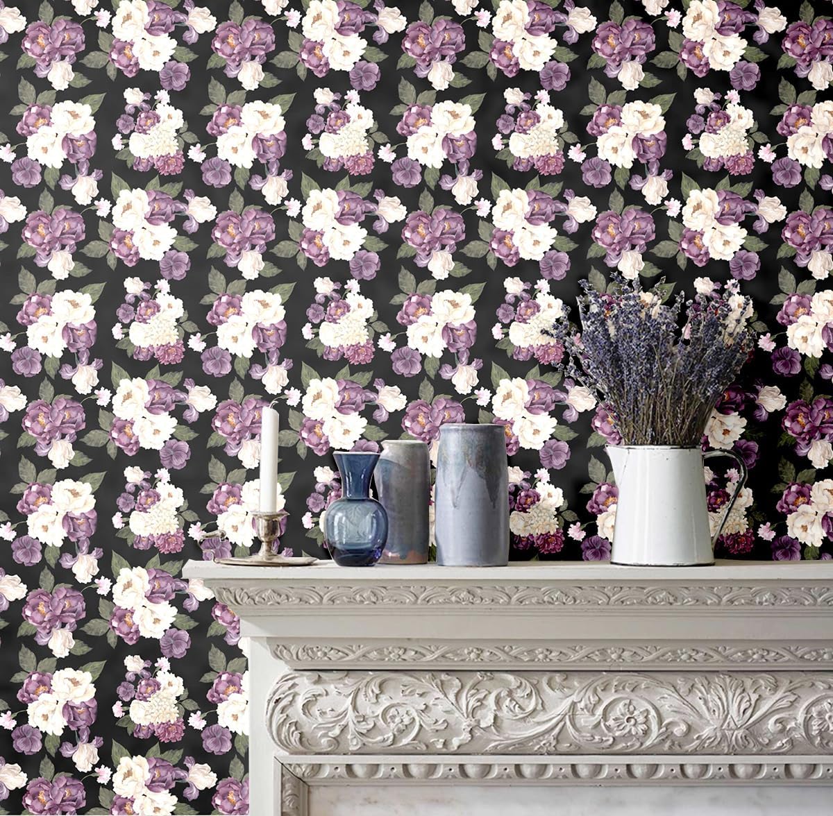 Blooming Wall White Purple Peony with Green Leaf Peel and Stick Wallpaper Removable Self Adhesive Wall Mural Wall Décor