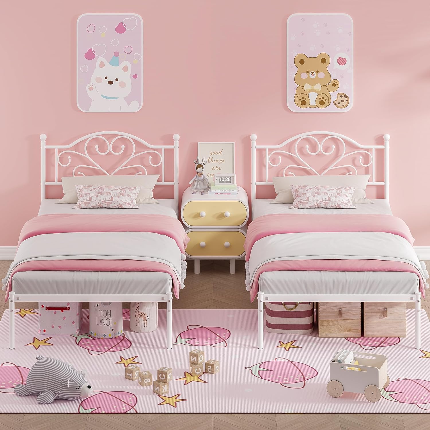 Elephance Twin Bed Frame with Headboard Metal Bed Frame Twin Size with Storage Space No Box Spring Needed Easy Assembly,White - Image 8