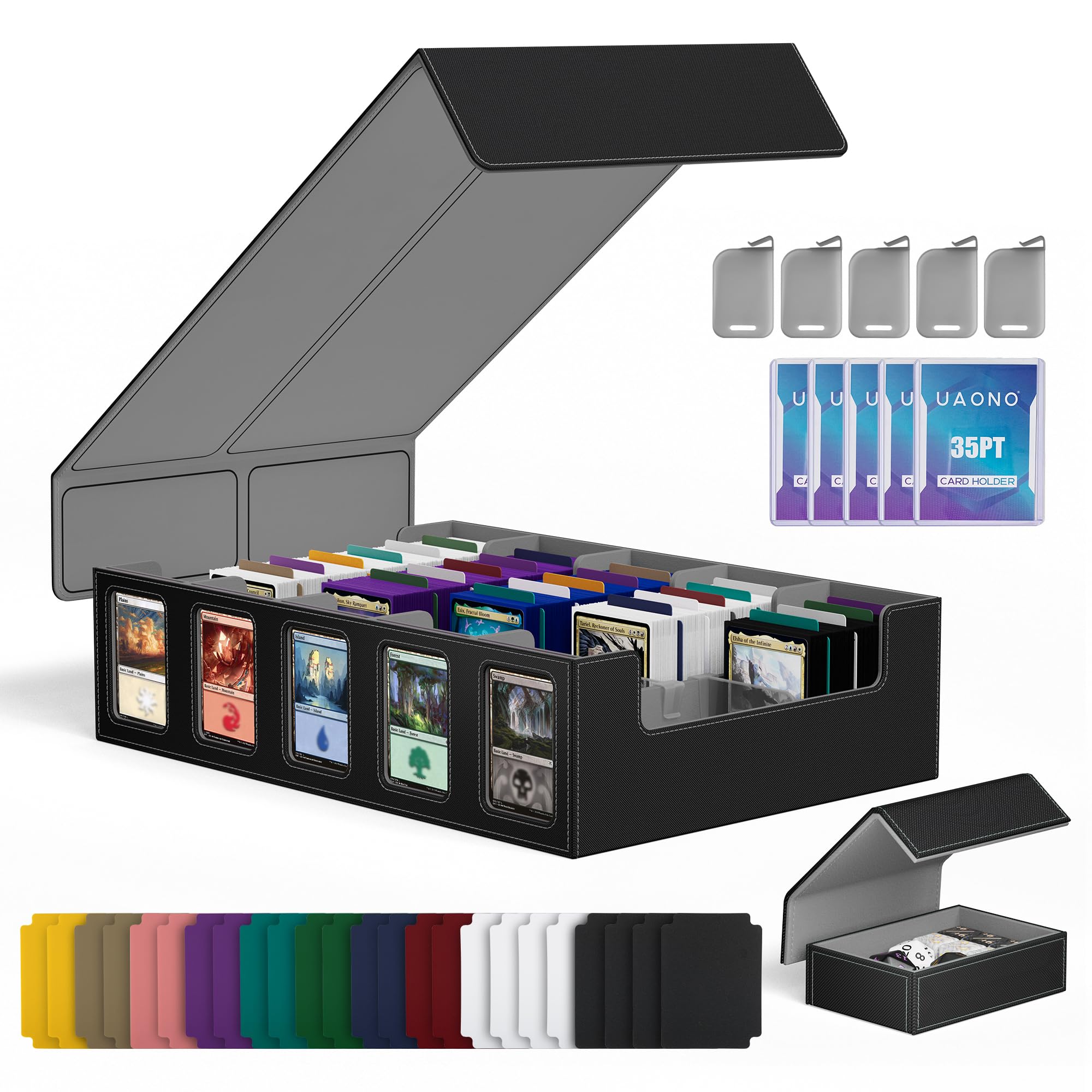 UAONO Trading Card Storage Box with Commander Display;3900+ Card Box for MTG, Removable Cover; 5 Row Case fits MTG TCG Sports Cards 48 Dividers,5 Stoppers,5 Top Loaders,1 Dice Box(Black, Grey)