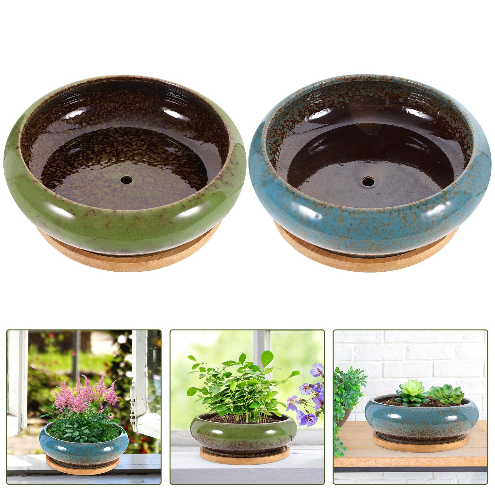 Mikinona 2 Ensembles Pot de Fleurs Succulentes en Soucoupe Bambou