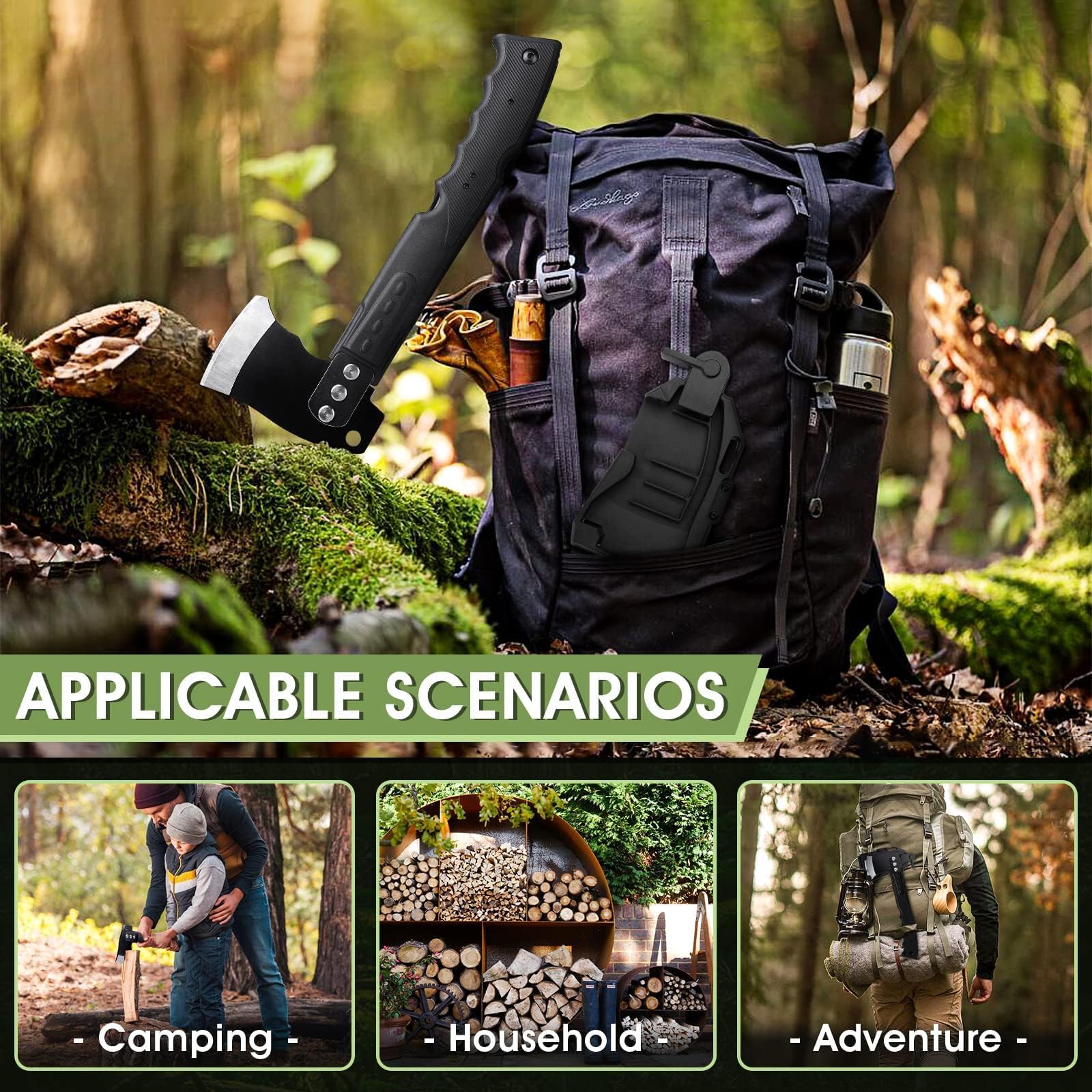 Freelander Scharfe Axt 5-in-1 mit Säge, Camping Beil mit Scheide und Pfeife, 34CM Camping Axt, Spaltaxt Outdoor, für Camping Wandern Survival, Schwarz