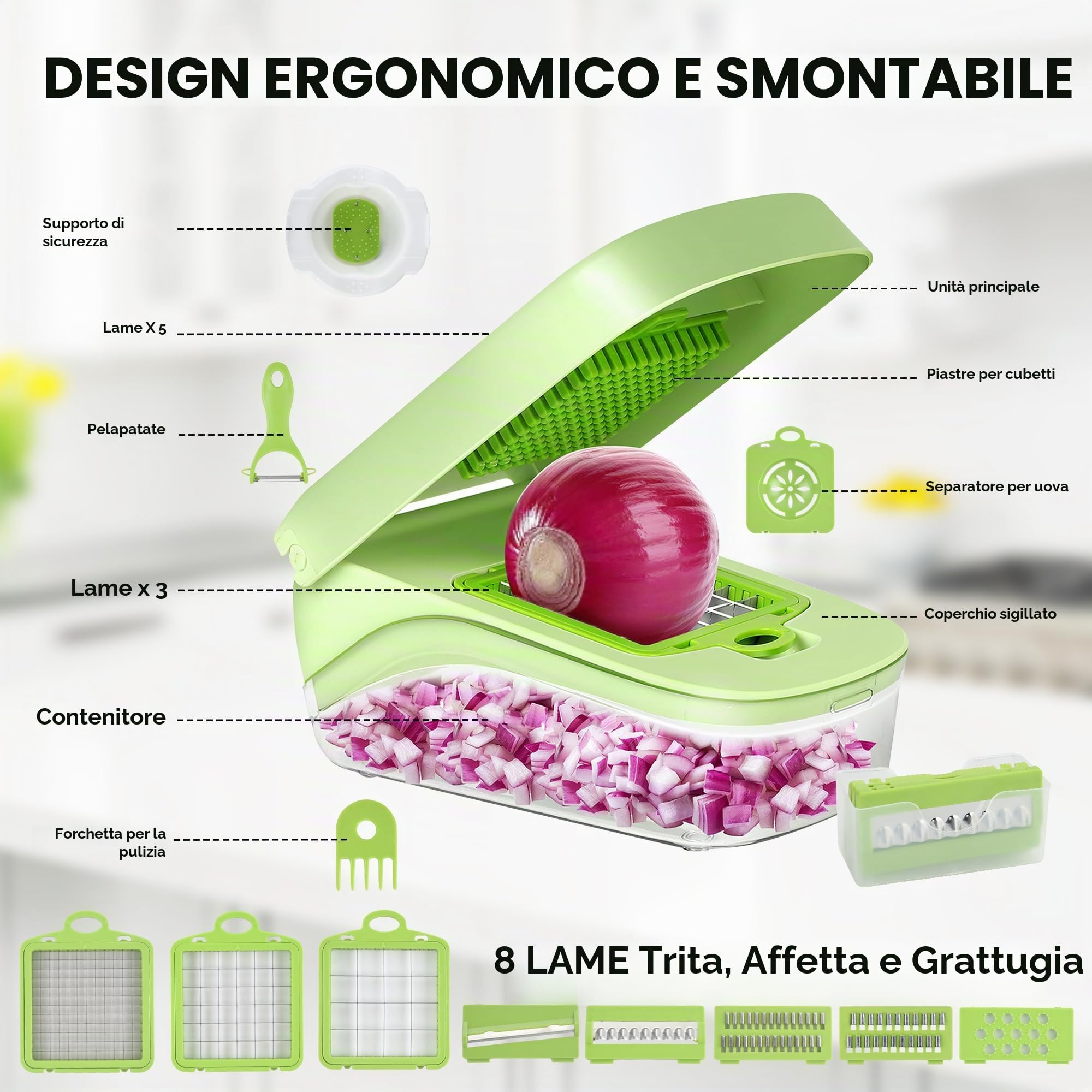 Romon Taglia Verdure, Affetta Verdure, Tagliaverdure, 14 in 1 Affettaverdure e Tagliaverdure Multifunzionale, Trita Verdure Manuale per Cubetti, Bastoncini, Fette, Strisce e Quarti