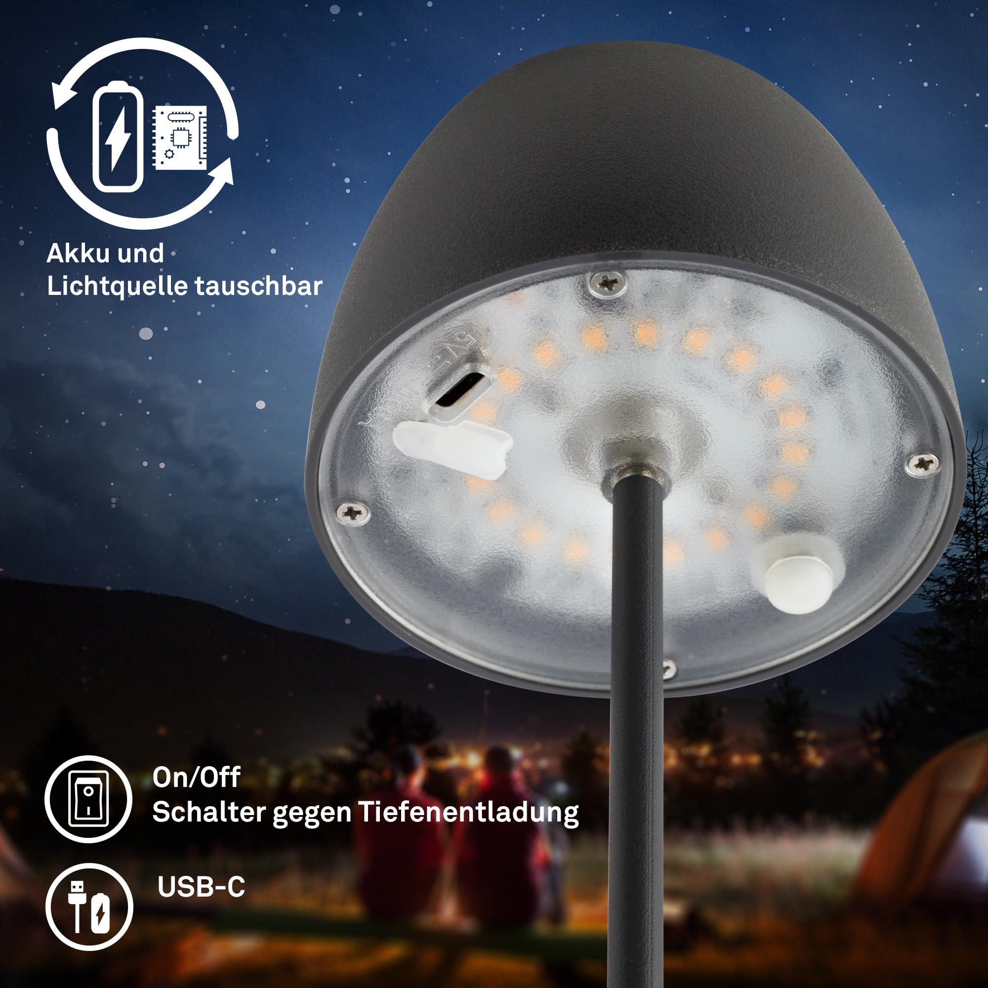 BRILONER - 2er Set Mini LED Tischlampe kabellos IP44 mit Touch, stufenlos dimmbar, Akku & Lichtquelle tauschbar, Nachttischlampe, Dekolampe, Akku Tischleuchte, 8x20 cm (DxH), Anthrazit