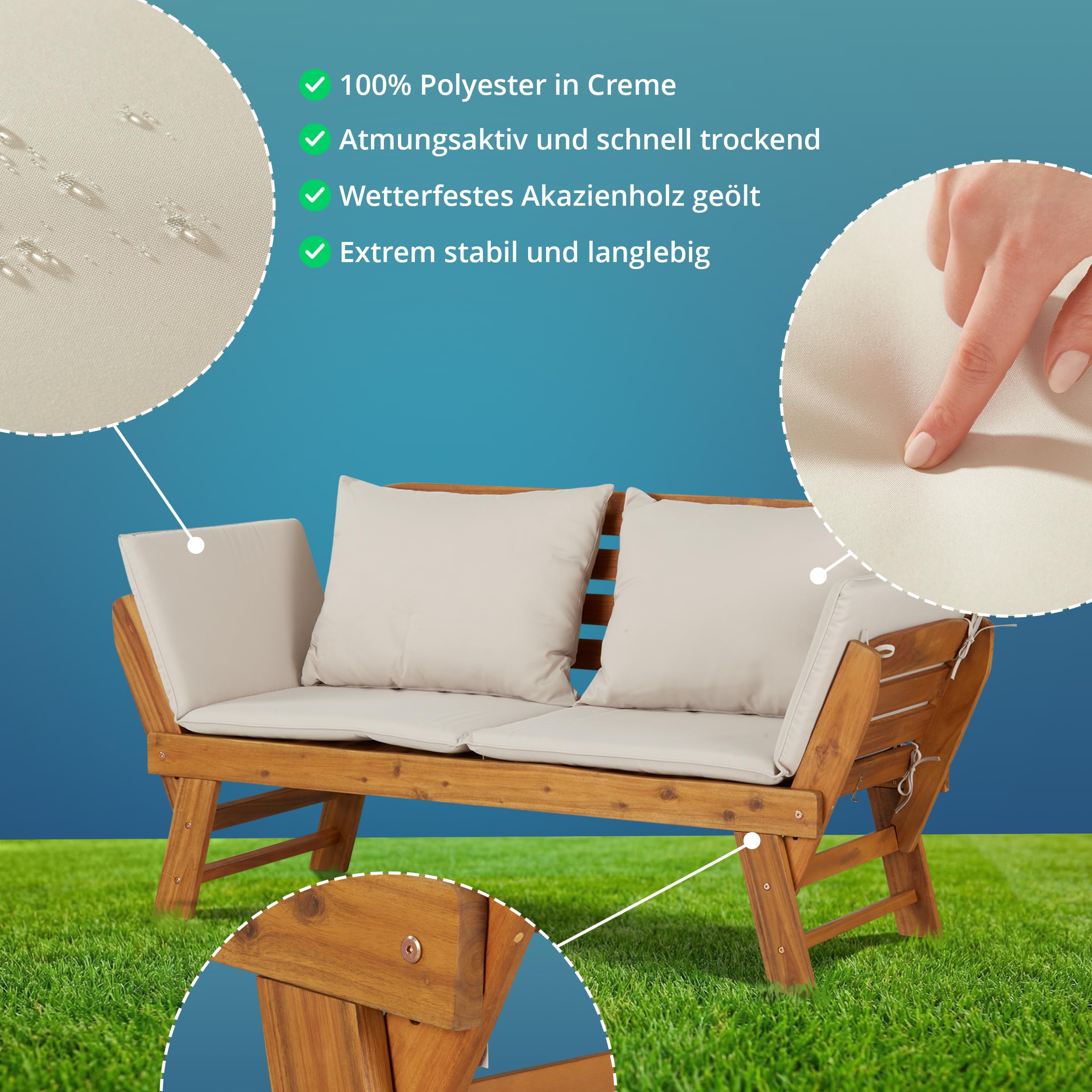 KHG Gartenbank Akazie geölt, Daybed, Sonnenliege, Lounge-Set Gestell Braun klappbar, abnehmbare Auflagen aus Polyester Hellgrau, wetterfest, 260 kg belastbar