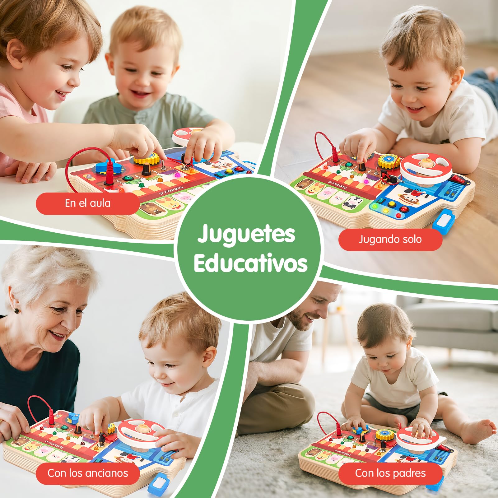 hahaland Juguetes Montessori Niños 1 año, 18 en 1 Busy Board de Madera | Luces LED y Interruptores, Motricidad Fina para Bebés Juguetes Sensoriales 1 2 3 años
