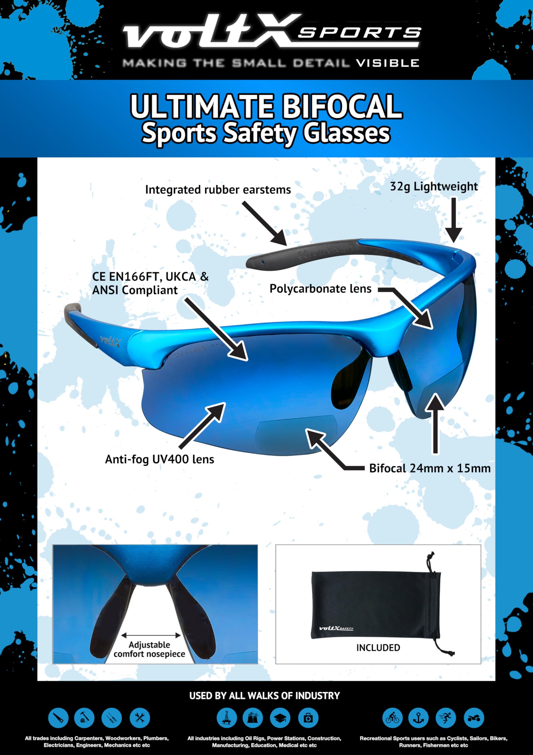 voltX CONSTRUCTOR ULTIMATE Bifokale Schutzbrille mit Lesehilfe (Blauer rahmen, blau verspiegelte Gläser +2,0 Dioptrien)