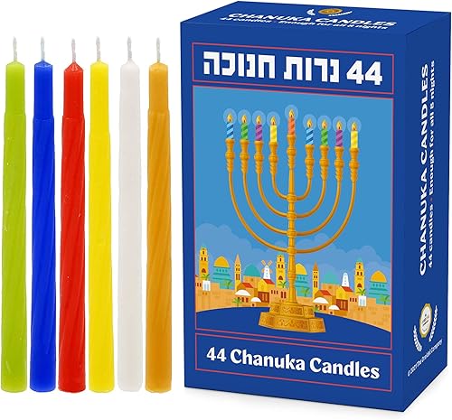 Vista 2 de The Dreidel Company Paquete de 2 velas multicolor de Janucá, velas de menorá, velas de Janucá 44 para las 8 noches de Janucá