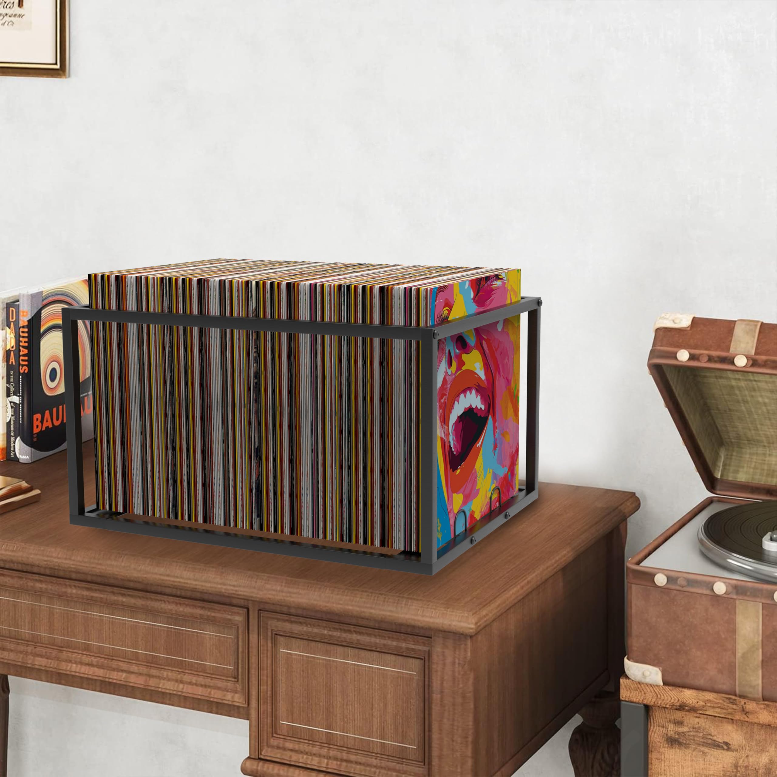 Schallplattenaufbewahrung auf Rädern, stabile Metallstruktur, hält bis zu 100 Alben, stilvoller Organizer für Ihre Vinyl-Sammlung