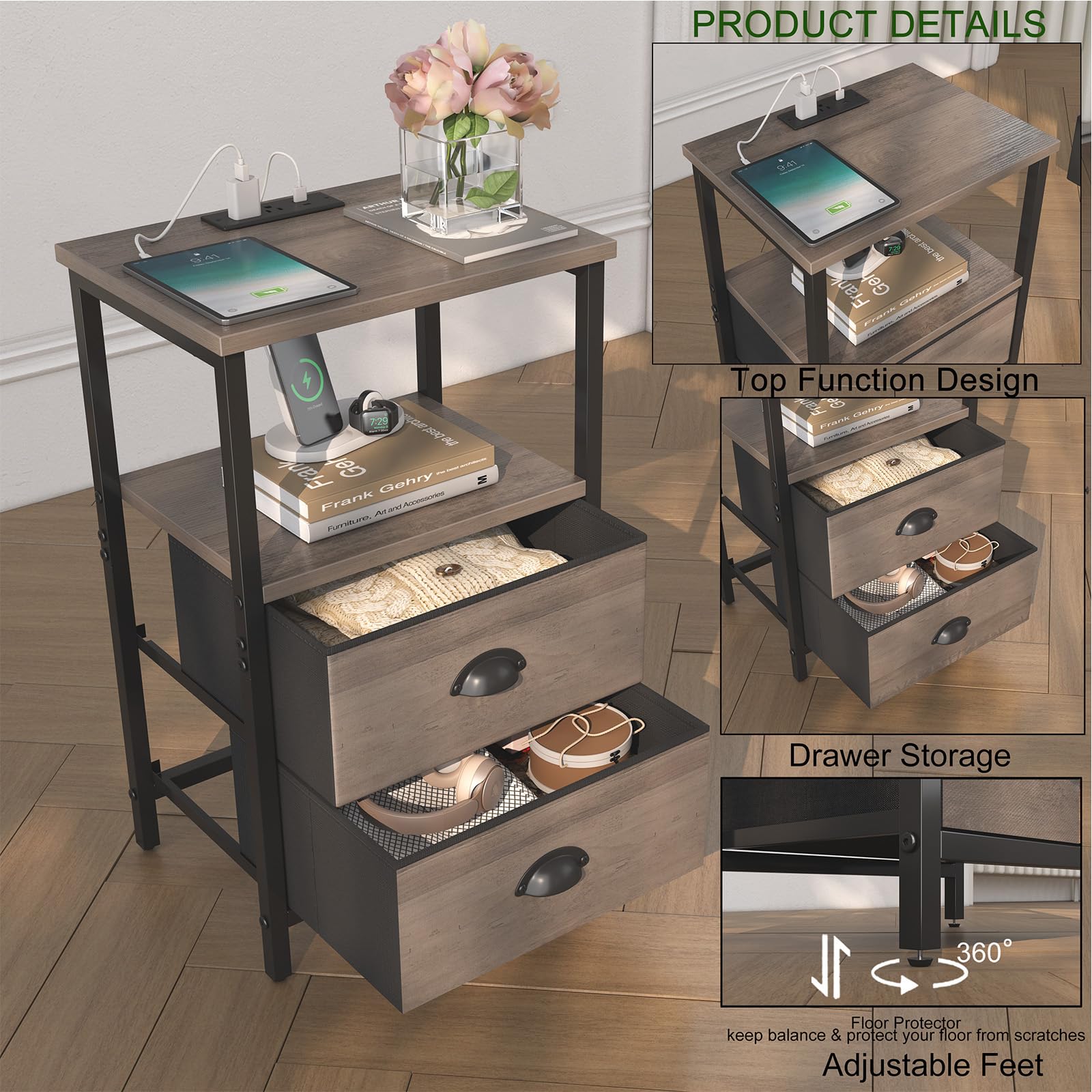 Mesita de noche con estación de carga, mesita de noche LED con 2 cajones de tela, mesa auxiliar gris con cajones, mesa auxiliar de almacenamiento de 2 niveles con cajones para dormitorio, gris 5