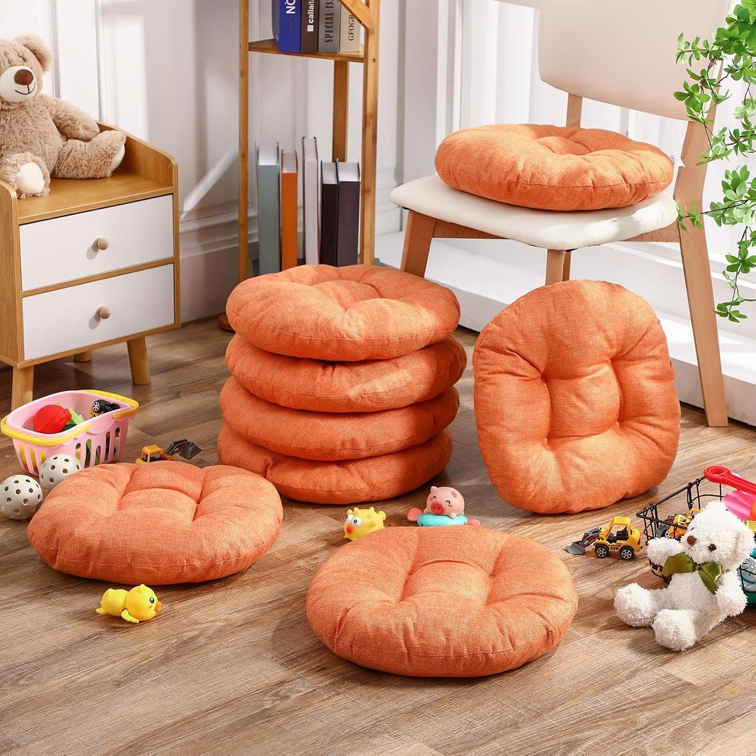 8 Cojines Redondos de 40 cm para niños y bebés; Cojines de Suelo Flexibles para aulas, Ideales para el hogar, guarderías, centros de educación Infantil, Yoga y meditación(Orange)