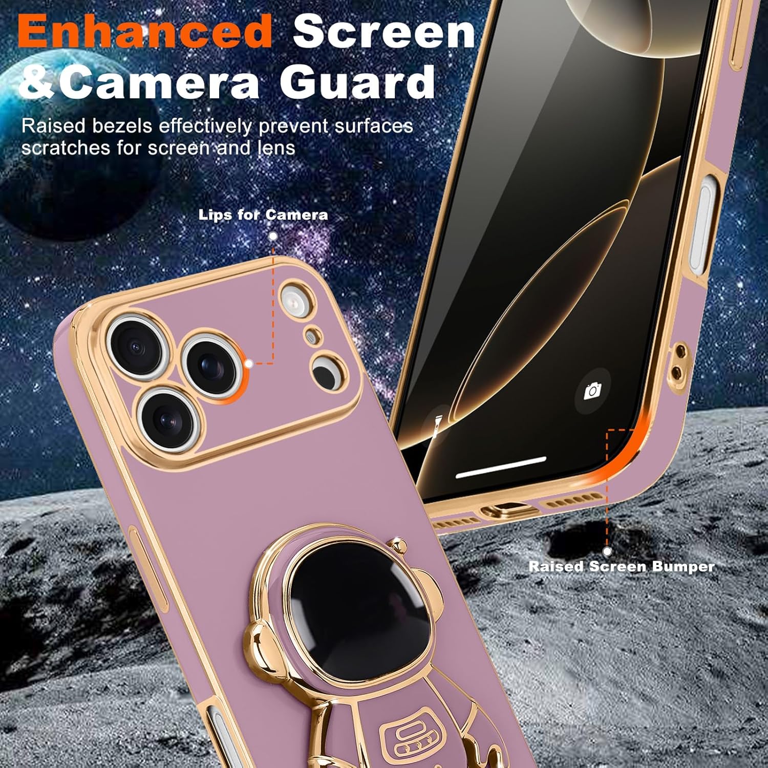 for iPhone 17 Pro Case, Cute 3D Astronaut Stand with [2 Screen Protector] [Camera Protection] Kickstand Shockproof Bling Silicone Soft Back Cover for Apple iPhone 17 Pro Phone Case, Purple - Image 3