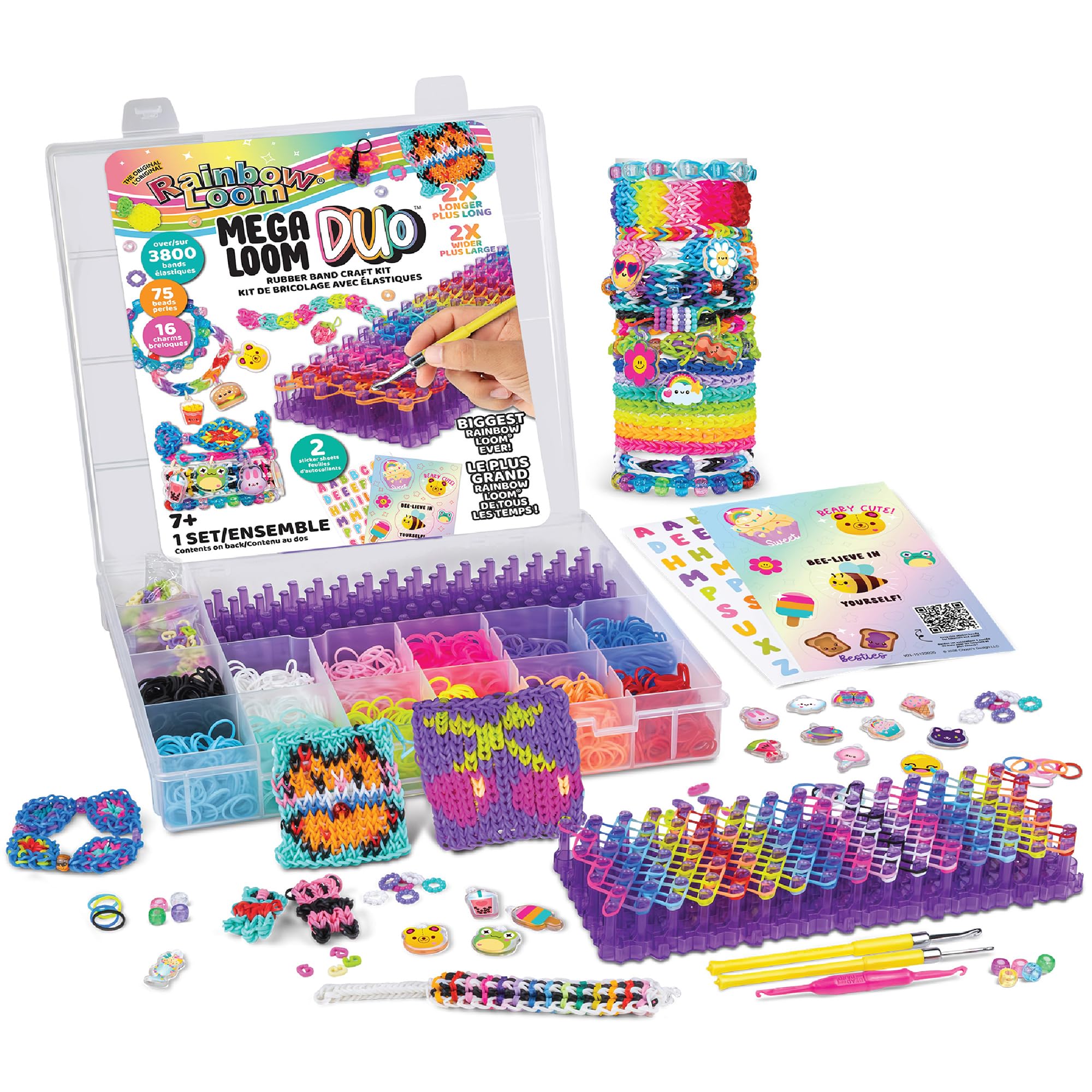 Rainbow Loom Mega Loom Duo - Set di braccialetti con 2 telai Mega Mighty, esclusivi Amazon, 3800 elastici, perline e ciondoli per bambini e adolescenti | Dispone di 2 telai Mega Mighty, 3800 bande in 12 colori, ciondoli carini per creazioni fai da te