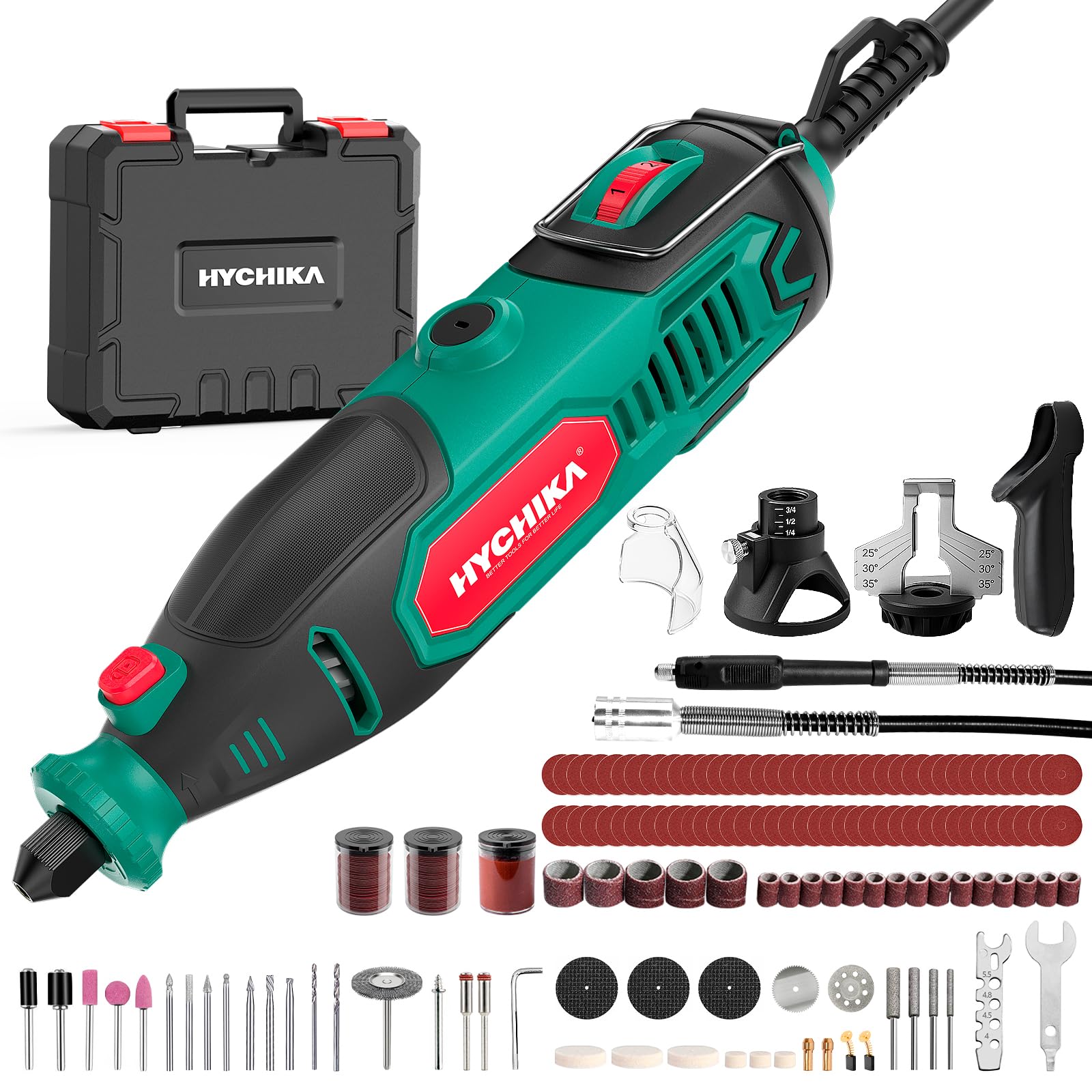HYCHIKA 150W Rotationswerkzeug-Set mit Kettensägeschärfer, 7-Stufig Regelbar 10000–33000 U/min, 167 Zubehörteile für Schleifen, Polieren, Schneiden, Bohren & Gravieren