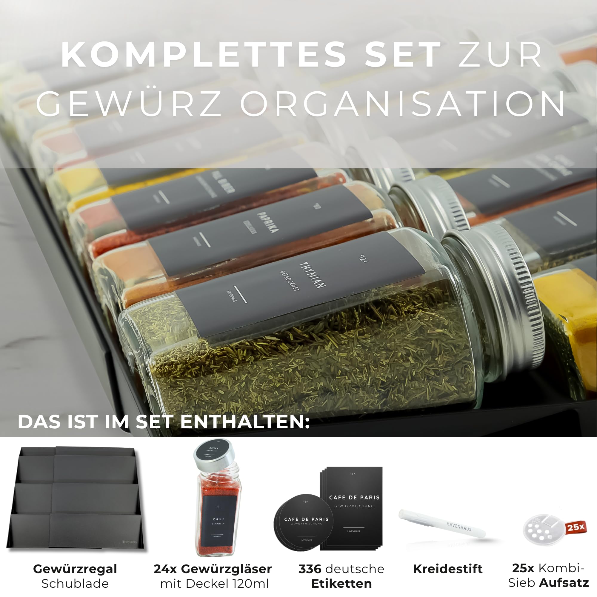 Havenhaus Gewürzgläser Set mit Regal | Gewürzregal Schublade inkl. 24 Gewürzgläser& 336 Gewürzetiketten | Gewürz Organizer Schublade verstellbar& passend für alle Schubladen | Gewürzeinsatz Schublade
