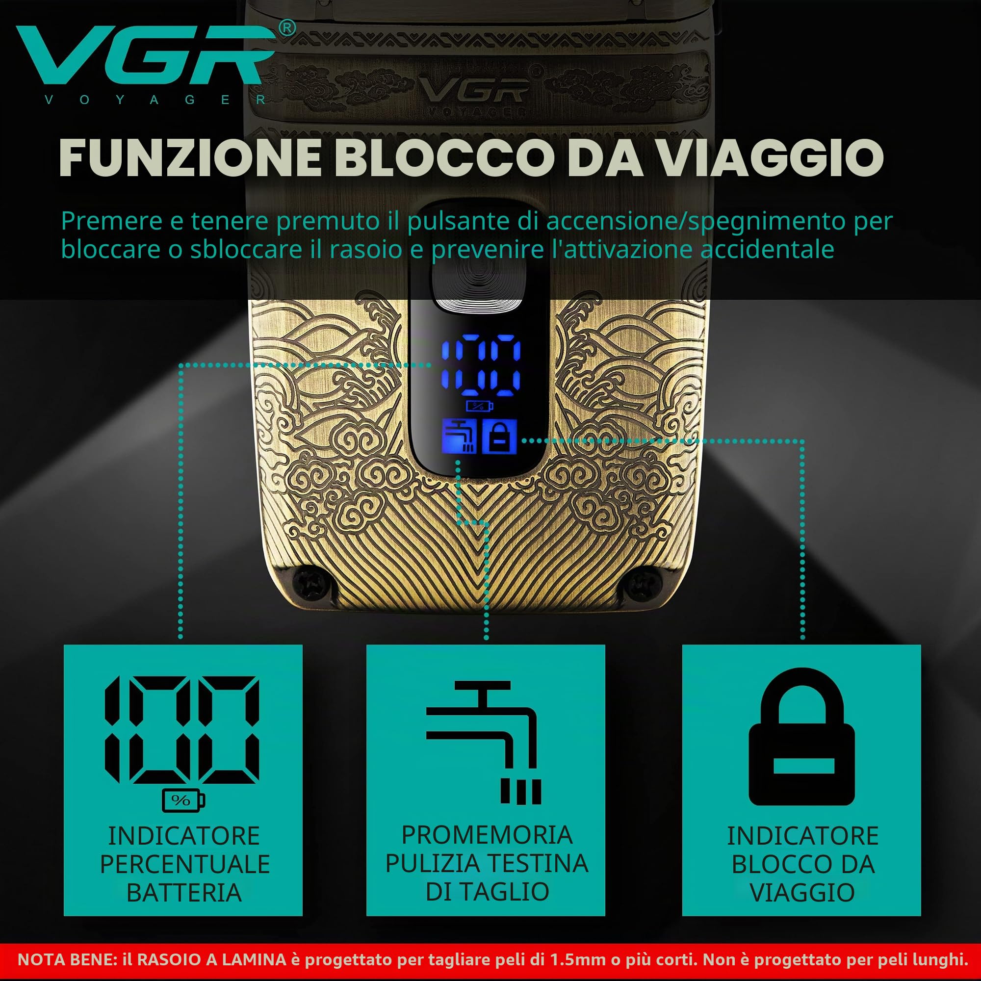 VGR Rasoio elettrico da uomo, con lamina che scolorisce la pelle, impermeabile IPX6, lavabile, ricaricabile, senza fili, per testa calva, barba, viso, ideale per barbieri o uso domestico