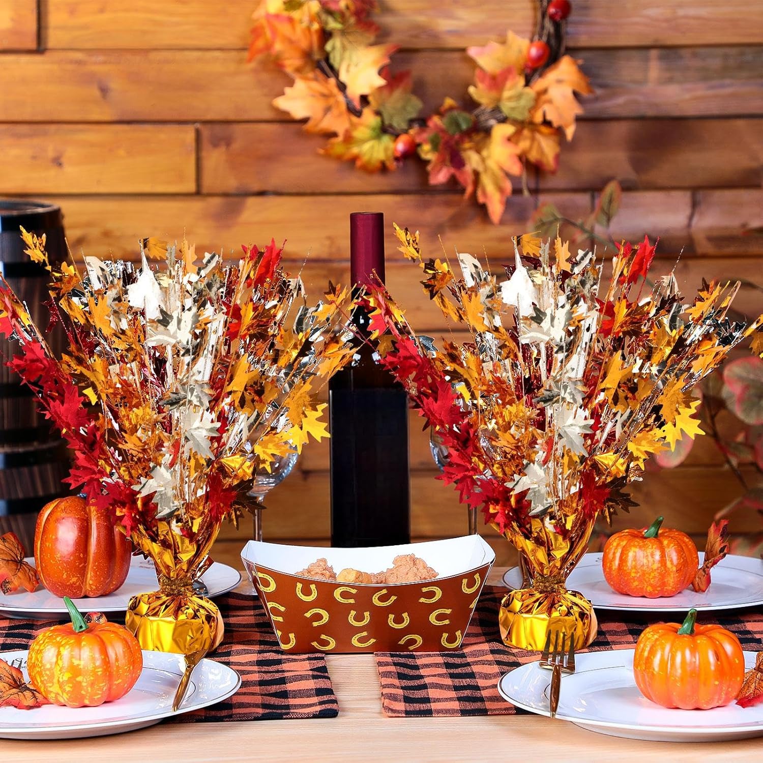 Lyrow 18 Pieces Fall Maple Leaves Table Centerpiece Metallic Foil Spray Centerpieces Autumn Party Decoration for Thanksgiving Harvest Seasonal Event Table Decor, Yellow Gold Orange Red(Modern)
