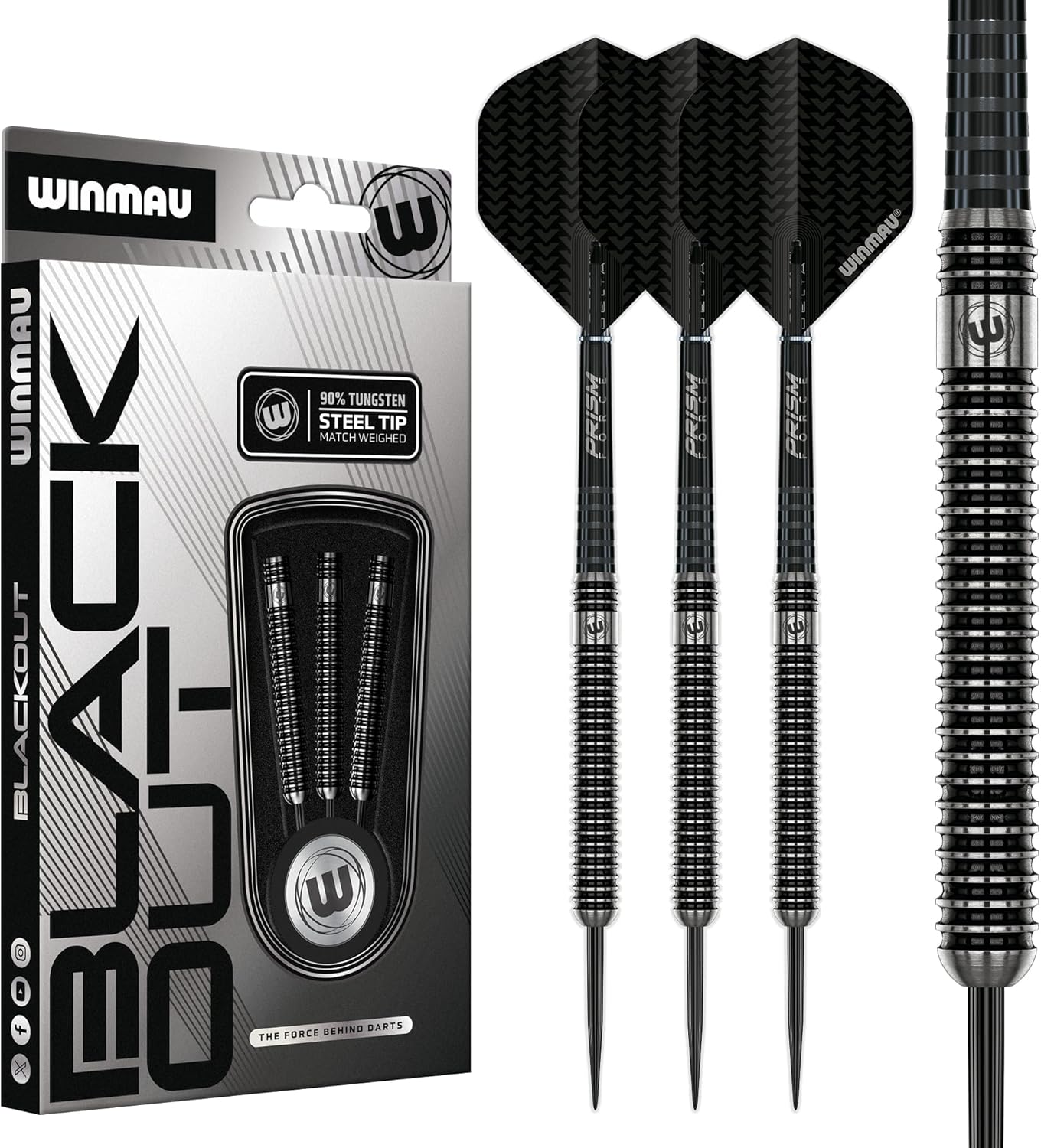 Winmau Blackout Tungsten Darts Set with Flights and Shafts (Stems)