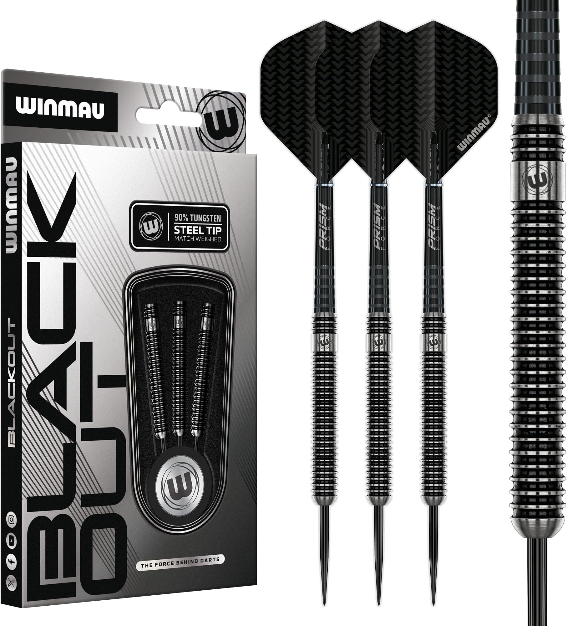 WINMAU - Blackout Series - 90% Tungsten Darts - Professional Darts Set with Dart Flights and Shafts – Available in Two Styles in Soft Tip 16g & 18g and Steel Tip 21g, 22g, 23g, 24g, 25g, 26g & 28g