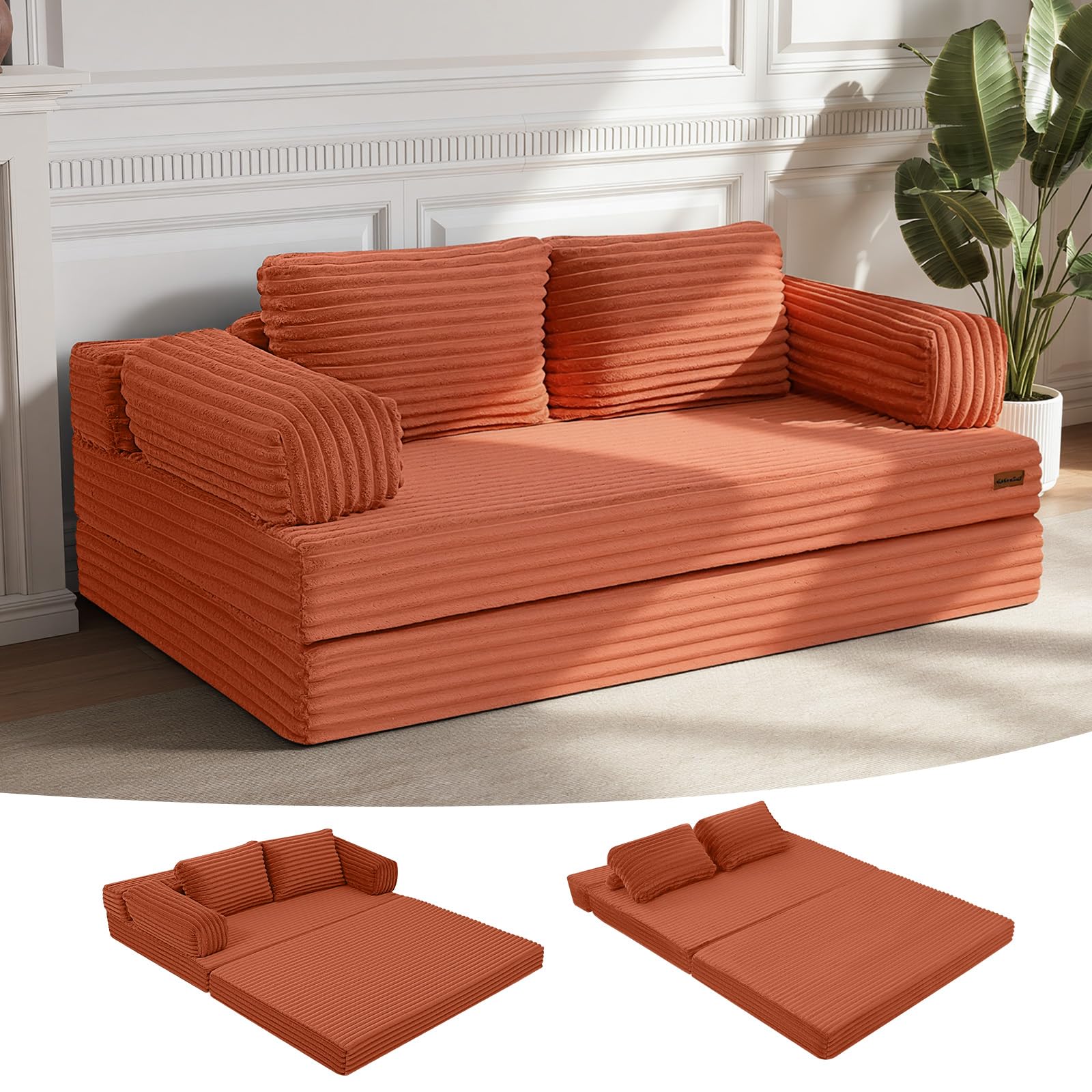 MeMoreCool Sofá cama convertible, sofá cama plegable sin huesos, colchón extraíble con almohadas, sofá de dos plazas plegable para espacios pequeños y dormitorio de invitados, color naranja