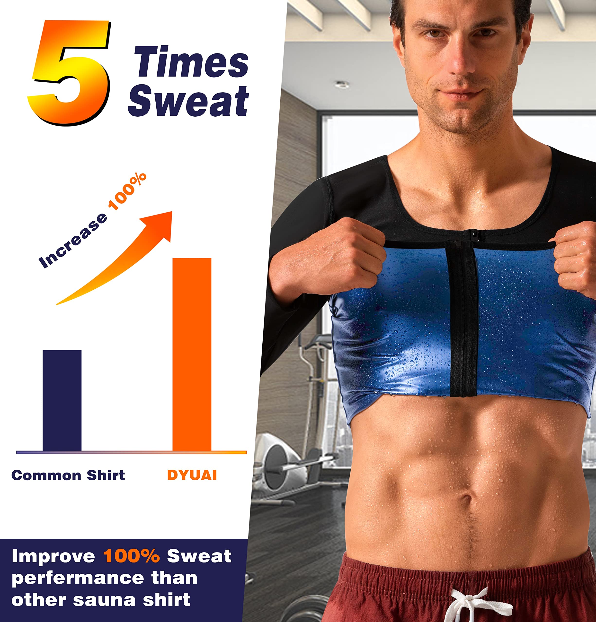 DYUAI Men Sauna Long Sleeve with Zipper Sauna Suit Hot Sweat Shirt Jacket Sauna Polymer Workout Top(BH6002-01-XXL)