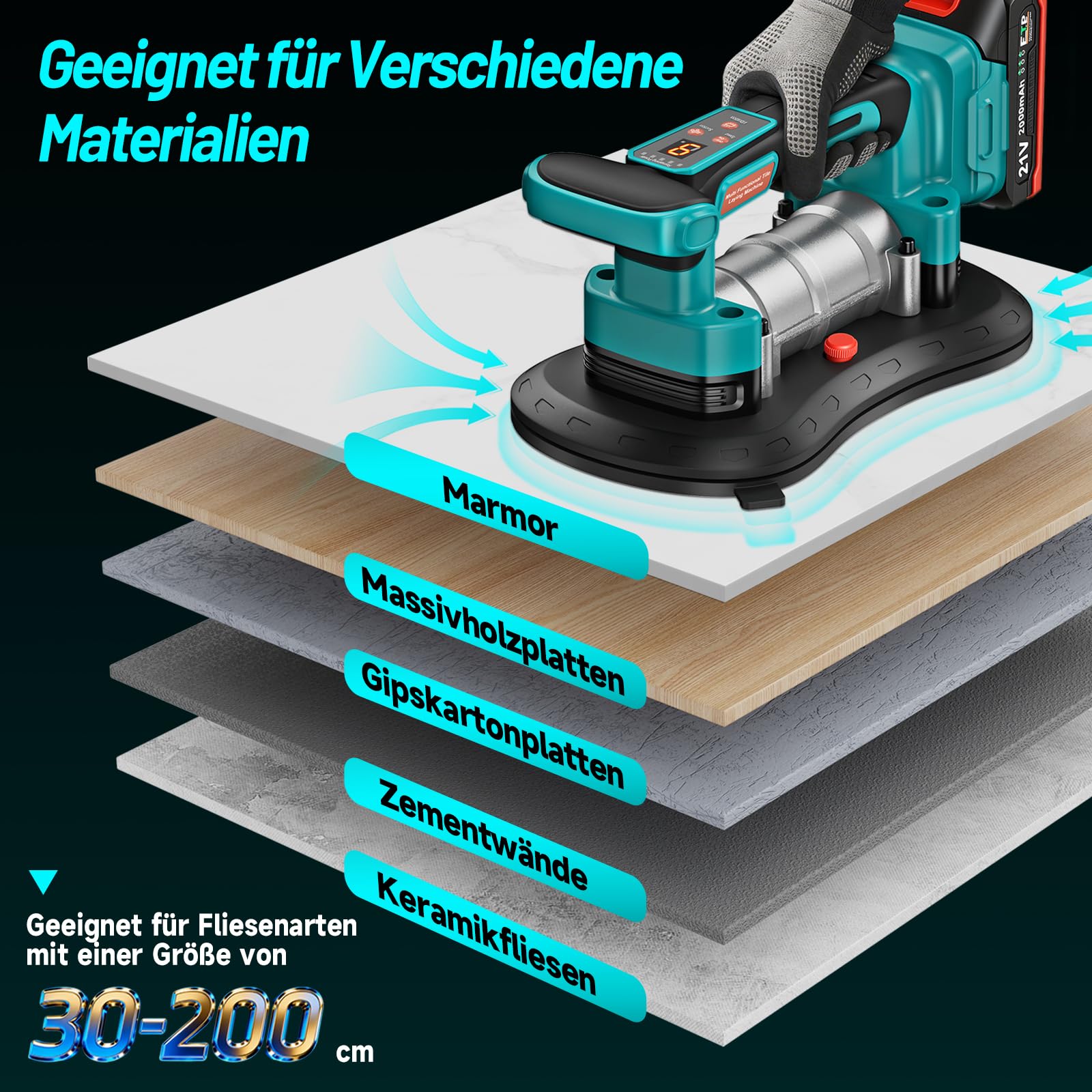 Yofuly 2 IN 1 Fliesenrüttler & Saugheber Kompatibel mit Makita 18V Akku, 260mm Saugnapf 200KG Adsorption | 9 Stufige Einstellung, Fliesen Vbrationsgerät mit 2×2.0Ah Akku für 0.3-2m Fliesen